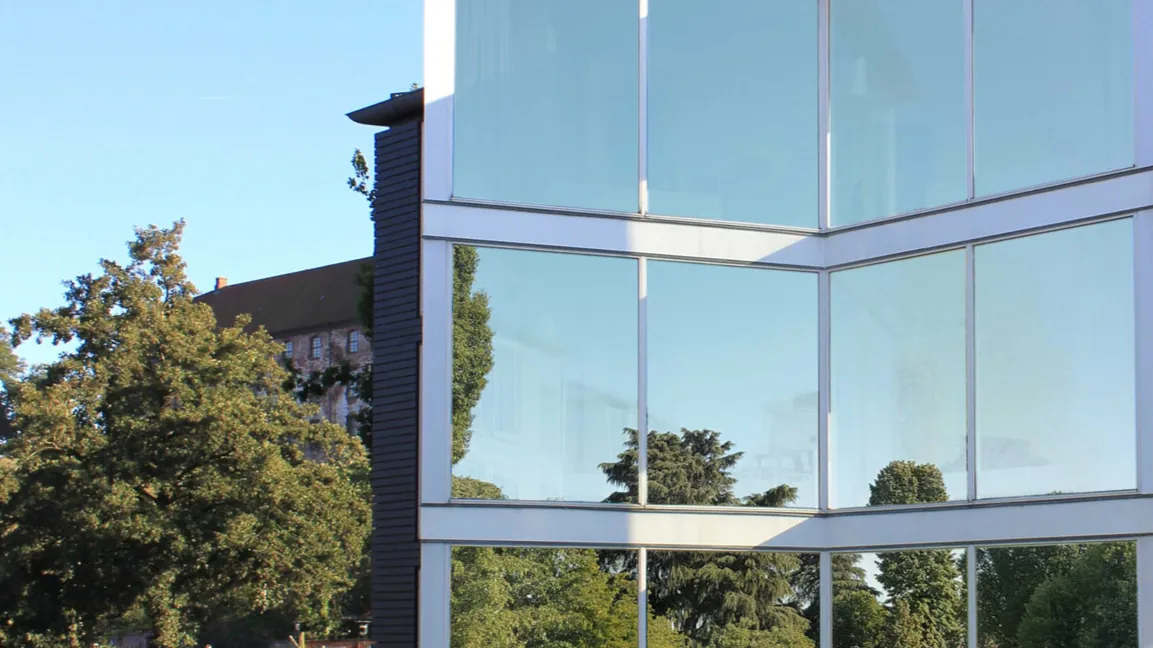 Office building with reflective window film