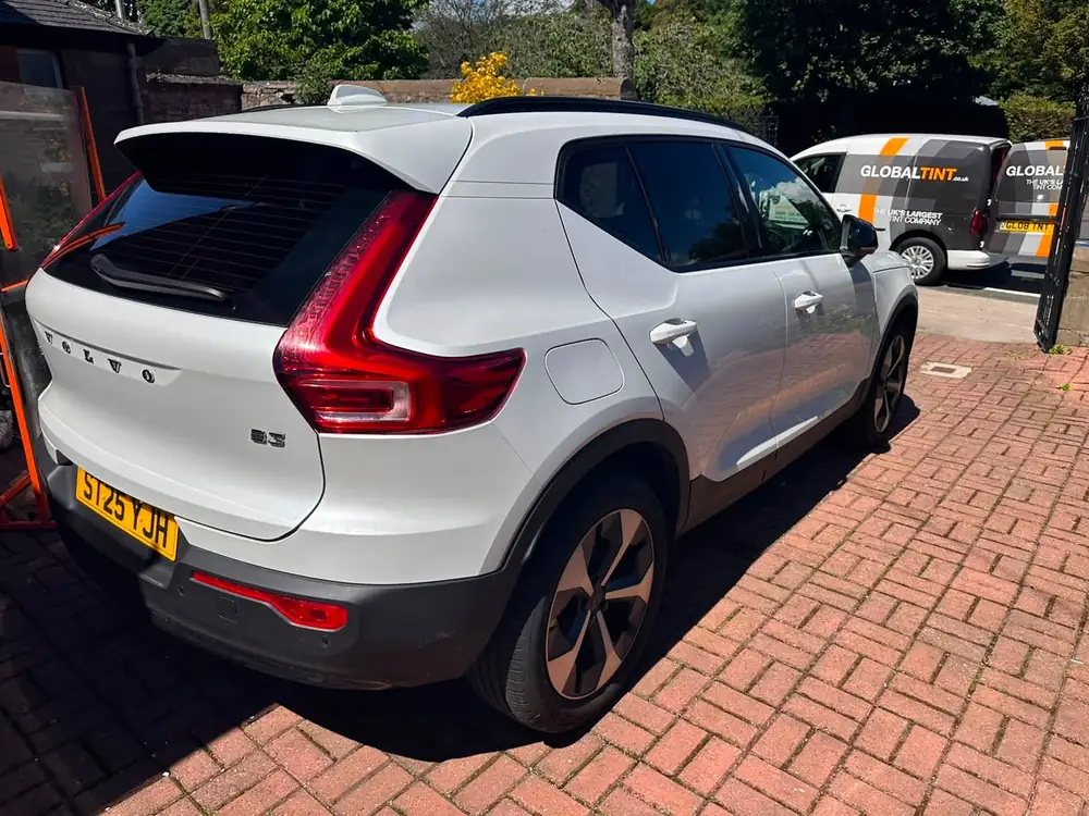 Light grey SUV viewed from the rear quarter, with dark tint on the rear side window and rear windscreen.