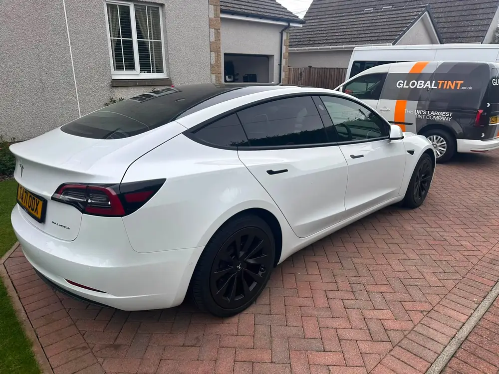 White Tesla Model 3 with dark rear windows and black wheels, parked on a driveway