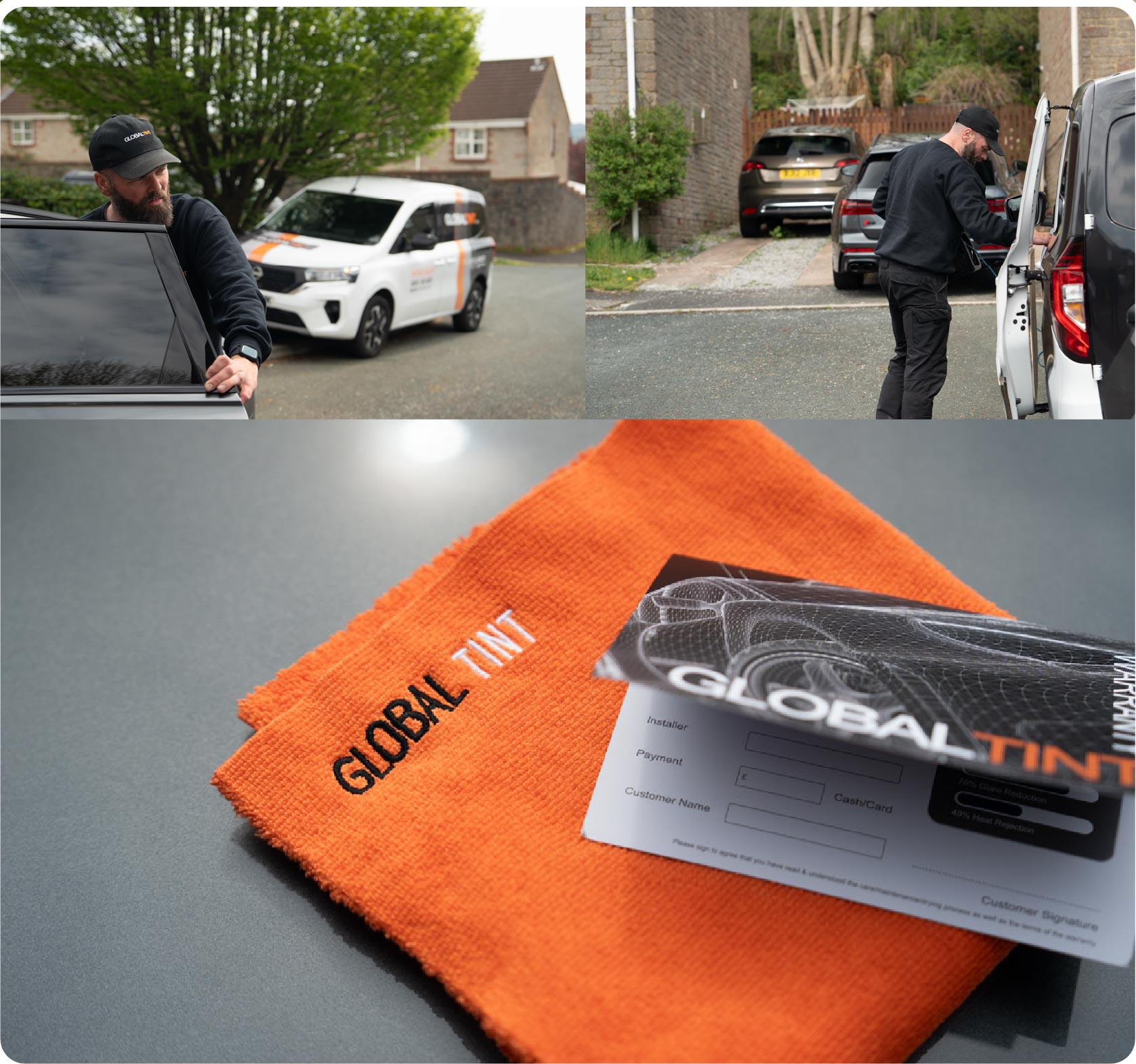 A Global Tint warranty card and cleaning cloth