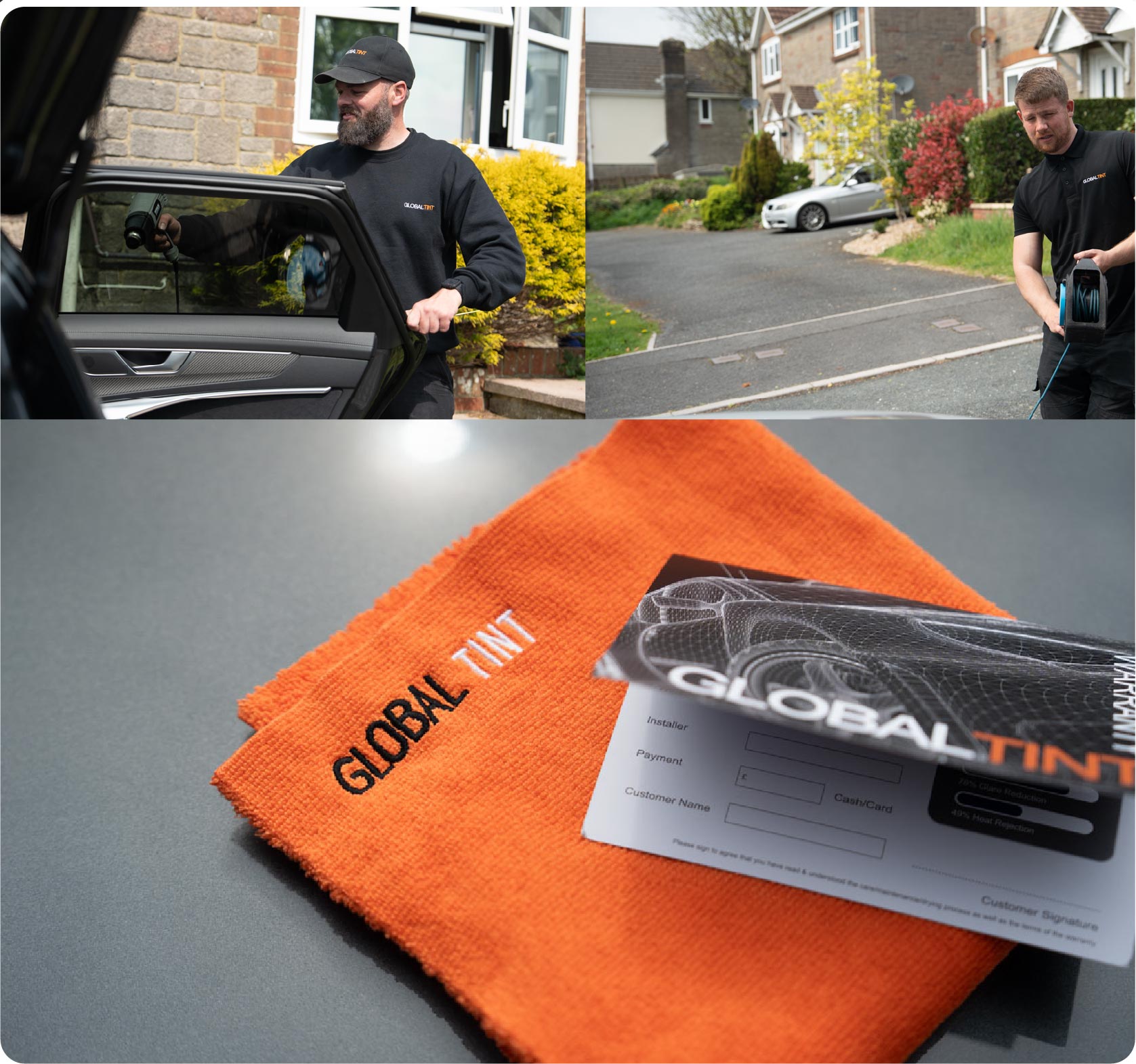 A Global Tint warranty card and cleaning cloth