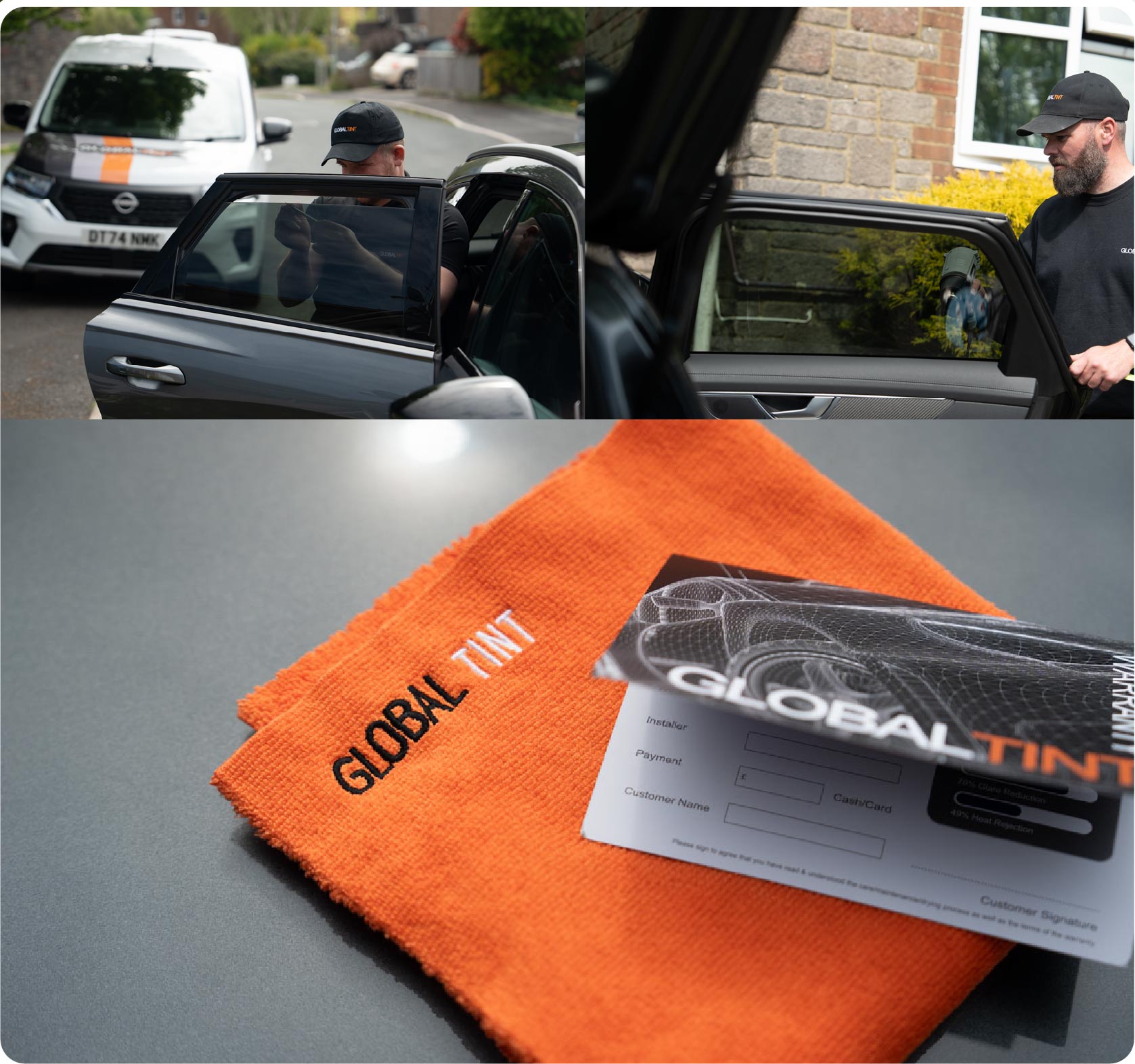 A Global Tint warranty card and cleaning cloth