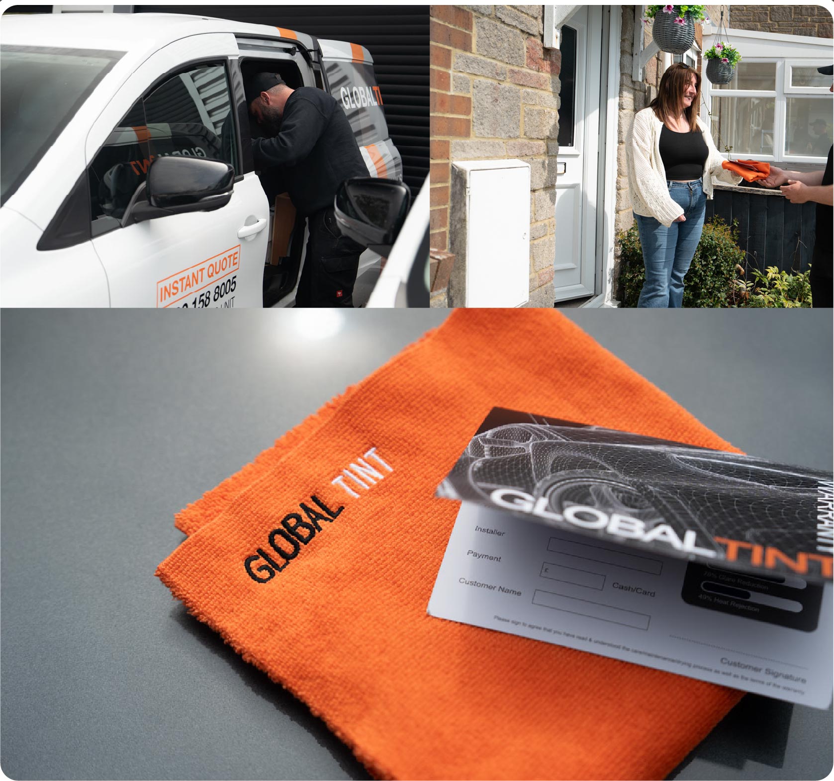 A Global Tint warranty card and cleaning cloth