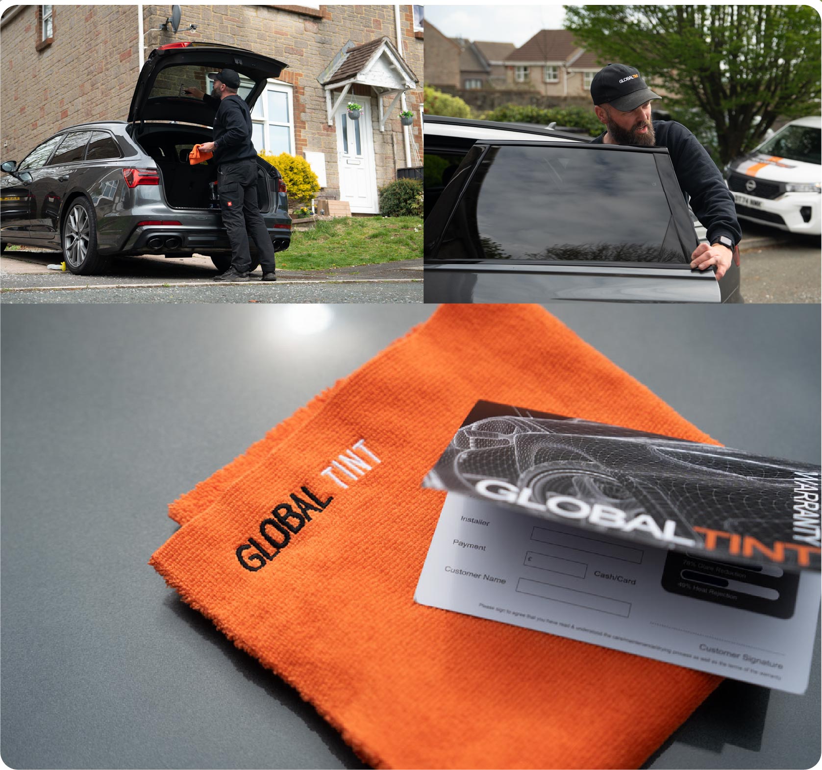 A Global Tint warranty card and cleaning cloth