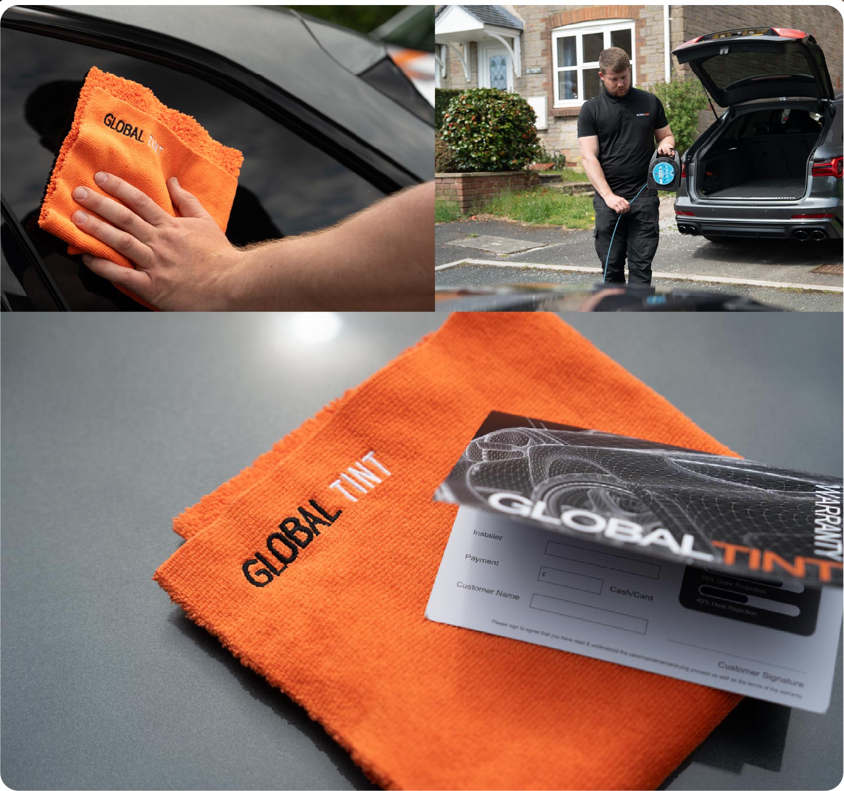 A Global Tint warranty card and cleaning cloth