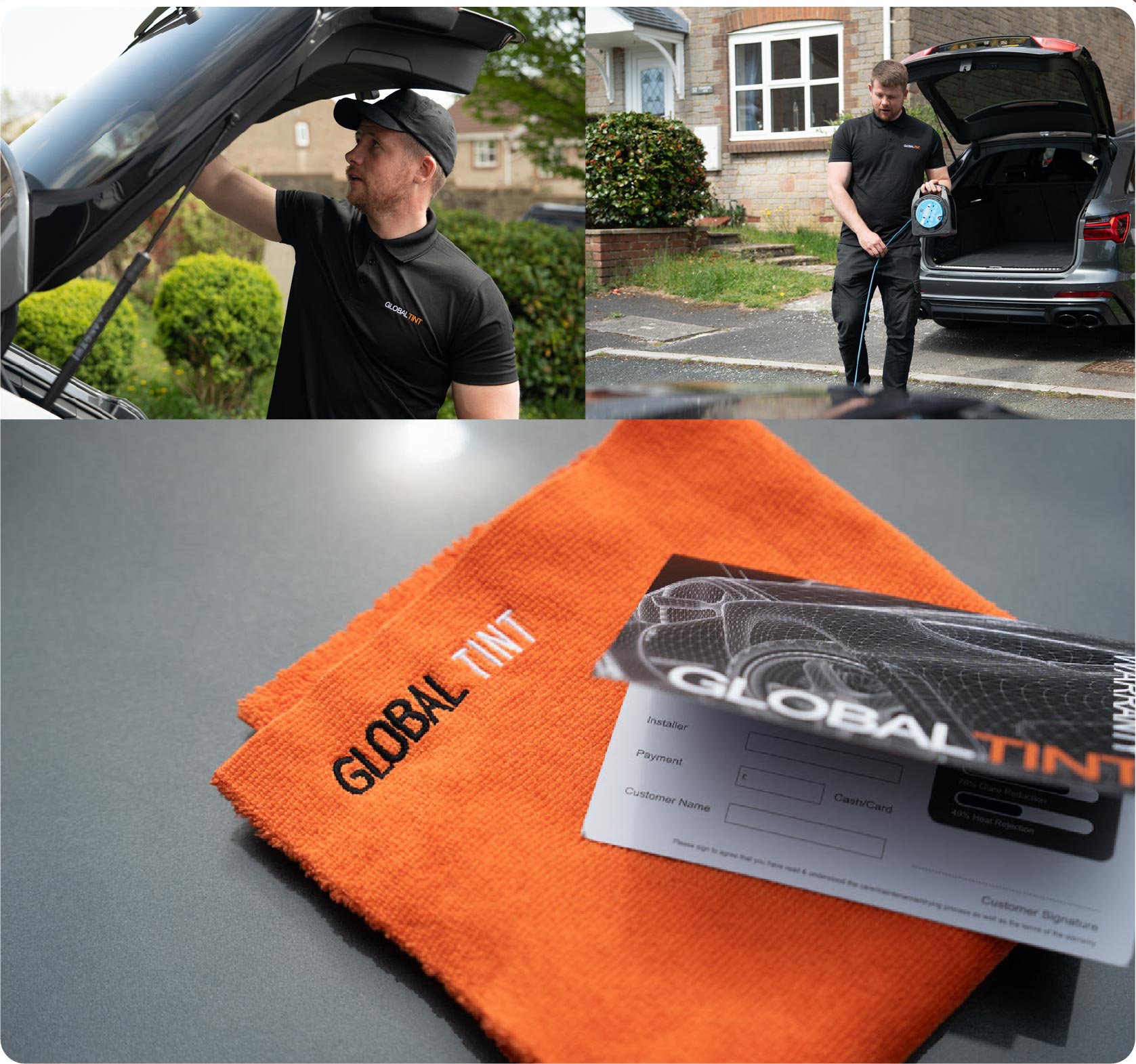 A Global Tint warranty card and cleaning cloth