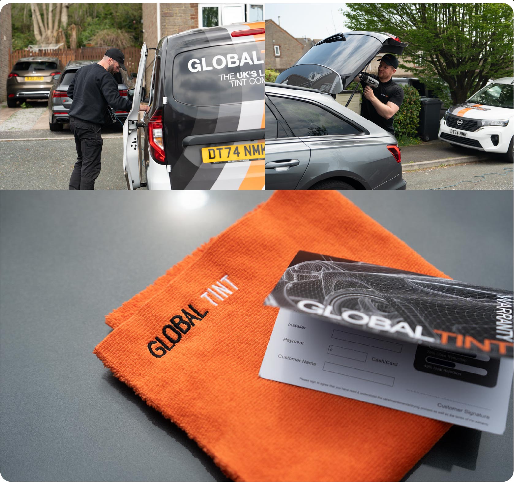 A Global Tint warranty card and cleaning cloth