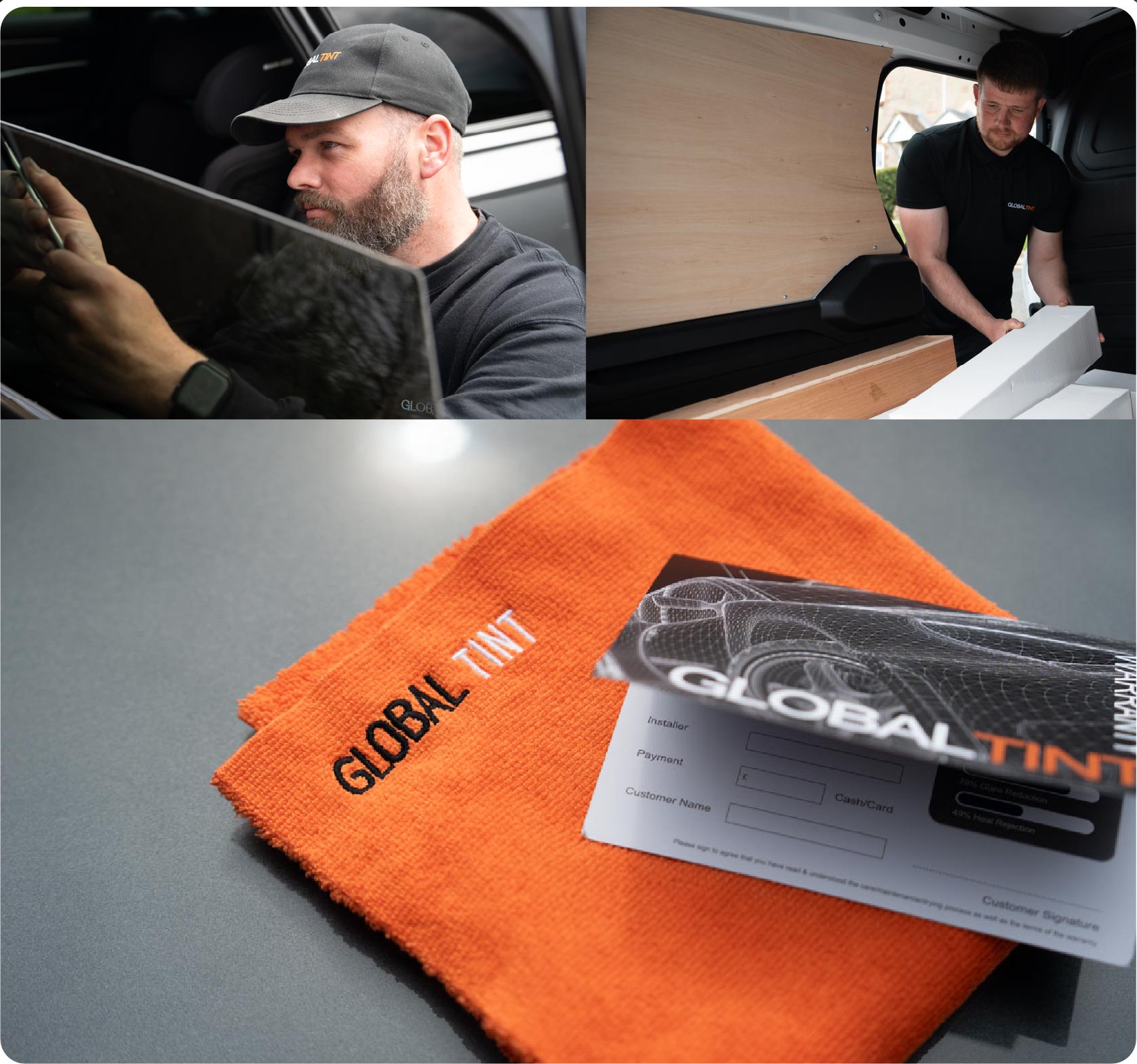 A Global Tint warranty card and cleaning cloth