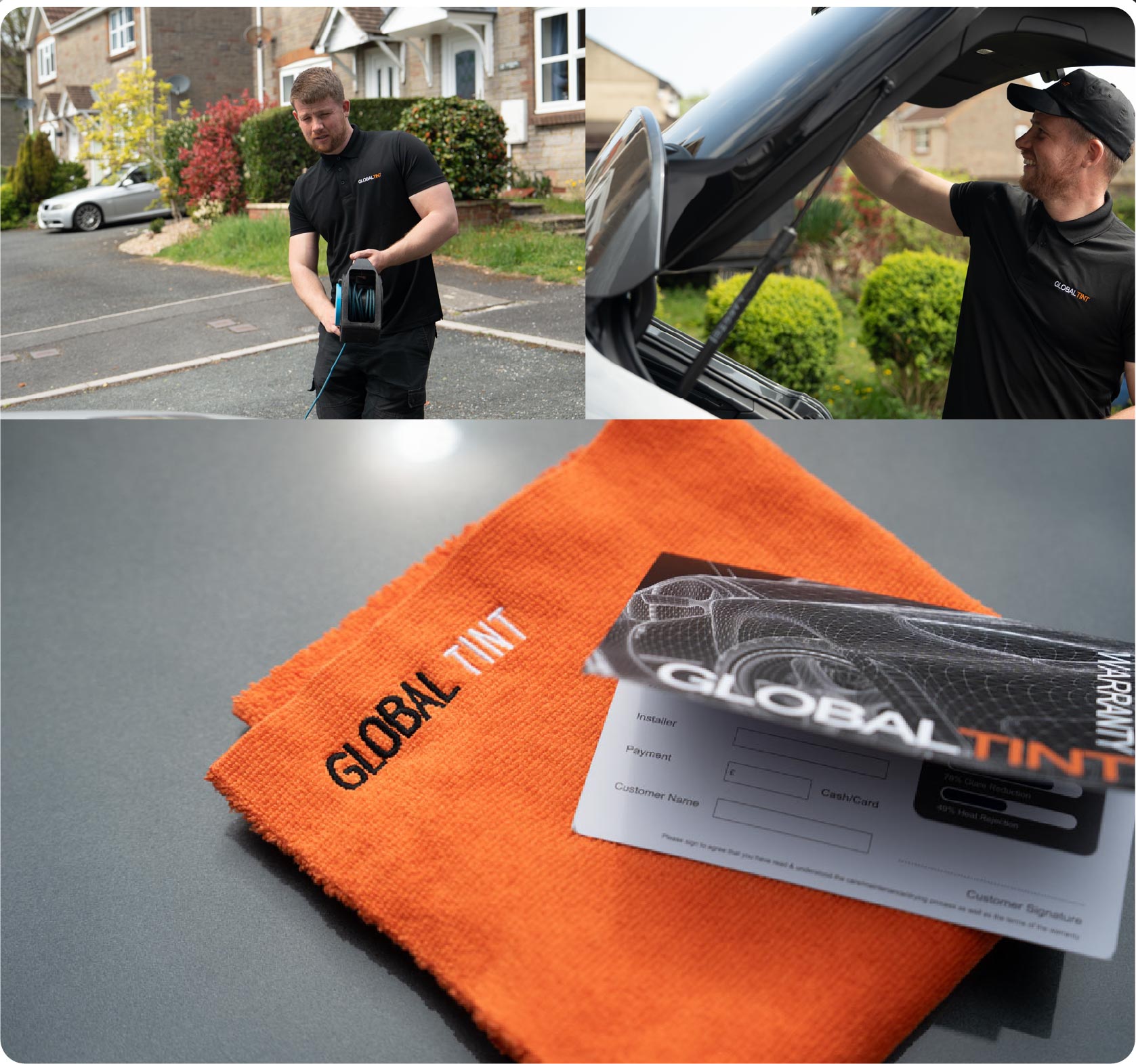 A Global Tint warranty card and cleaning cloth
