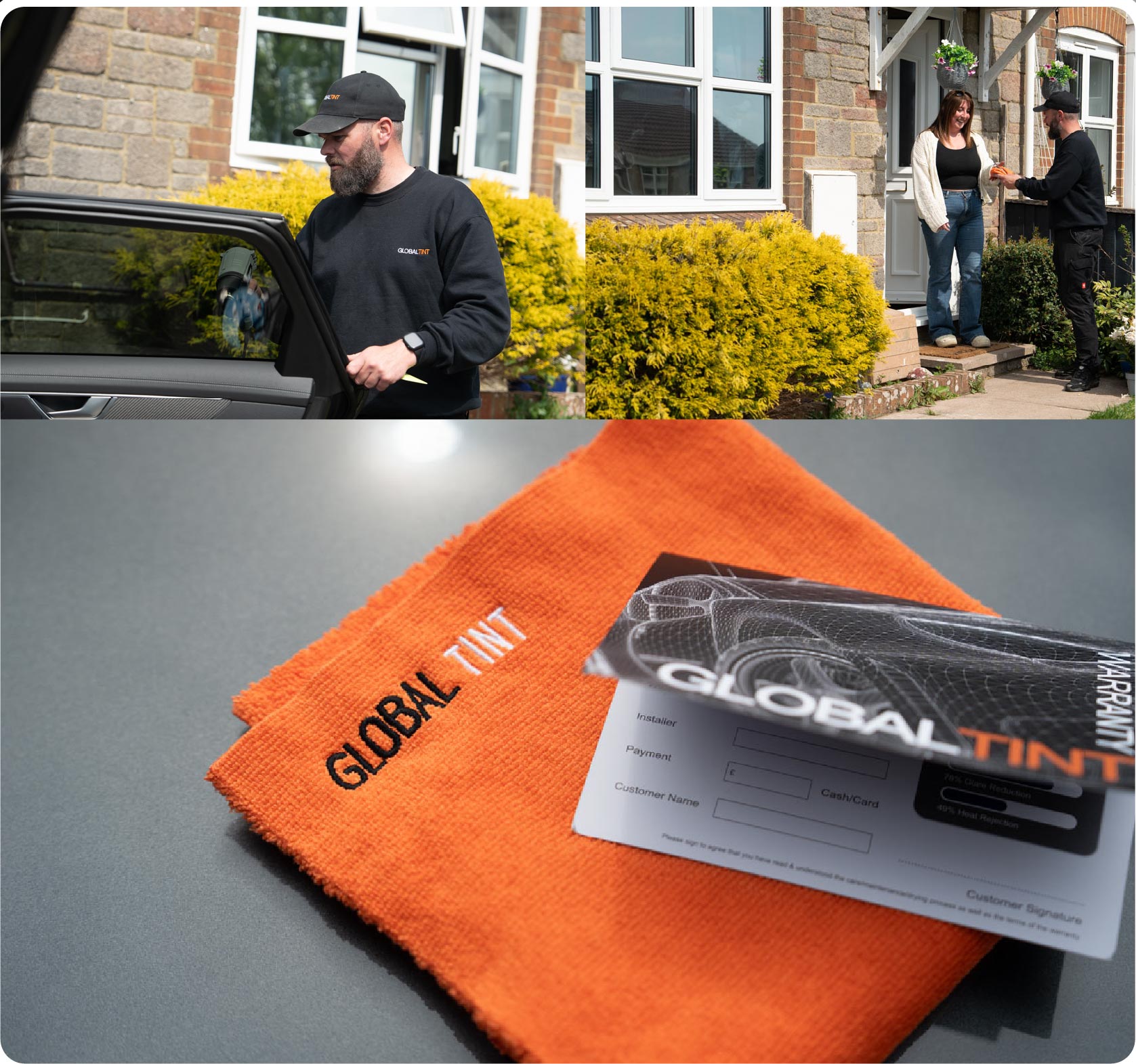 A Global Tint warranty card and cleaning cloth