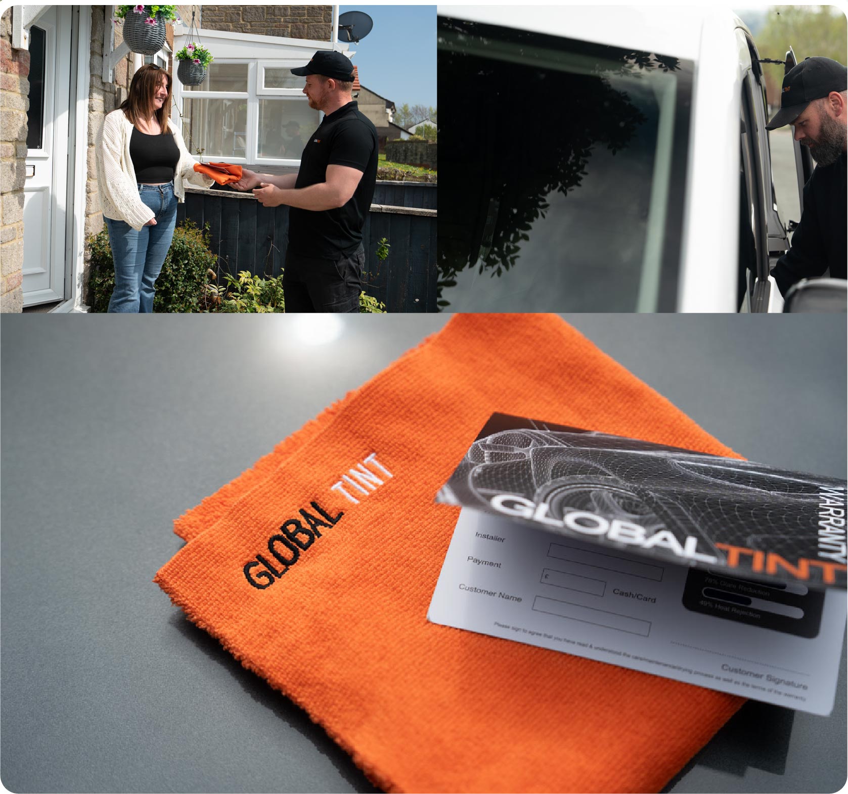 A Global Tint warranty card and cleaning cloth