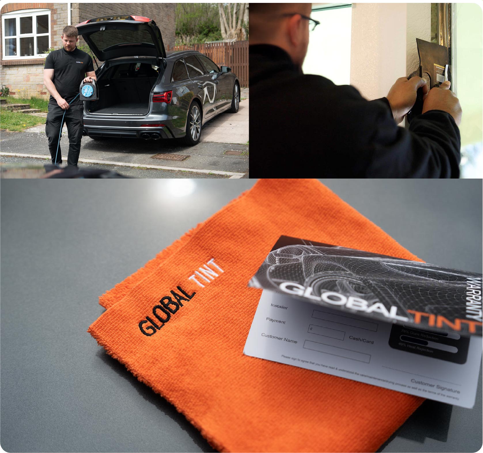 A Global Tint warranty card and cleaning cloth