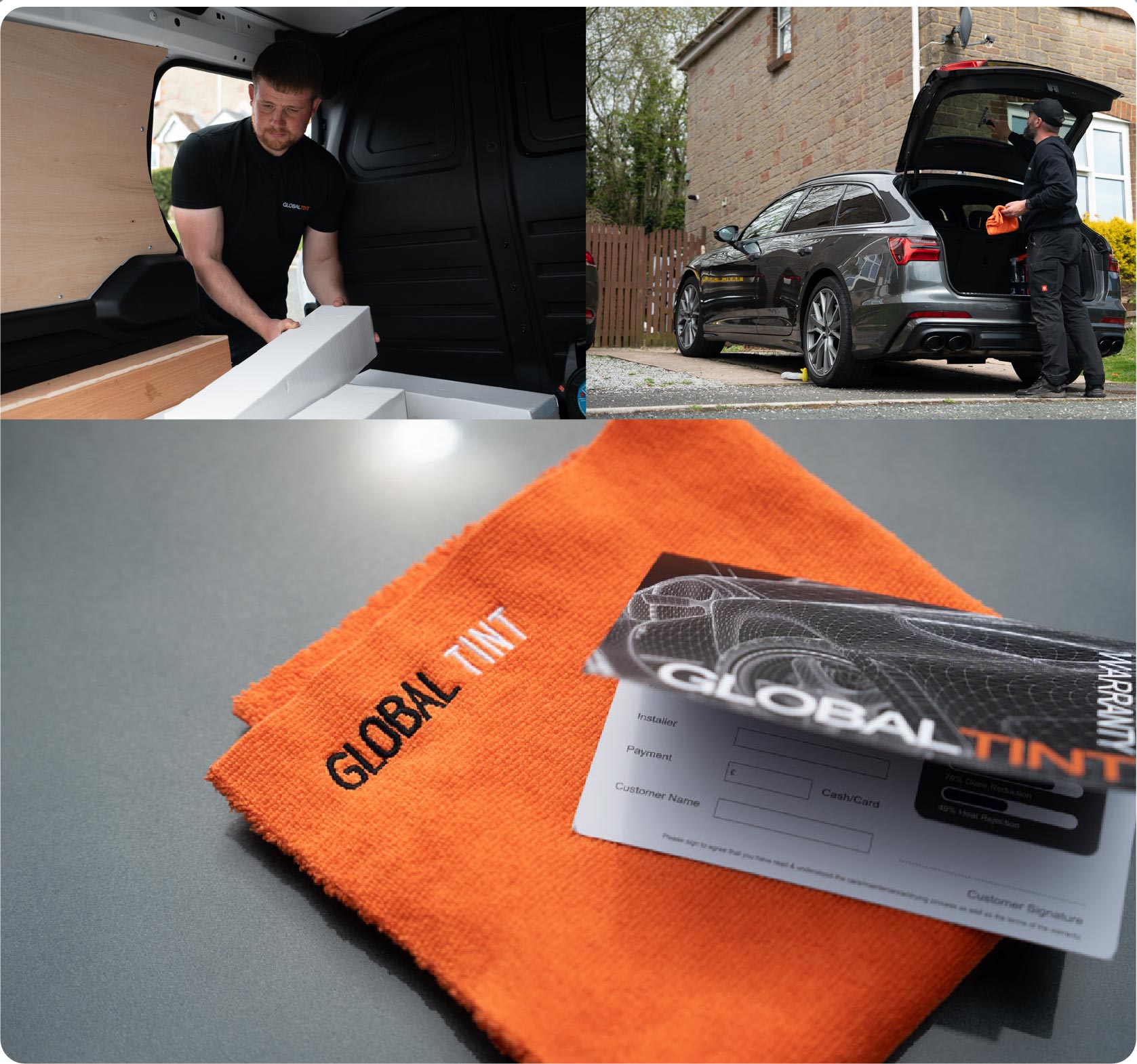 A Global Tint warranty card and cleaning cloth