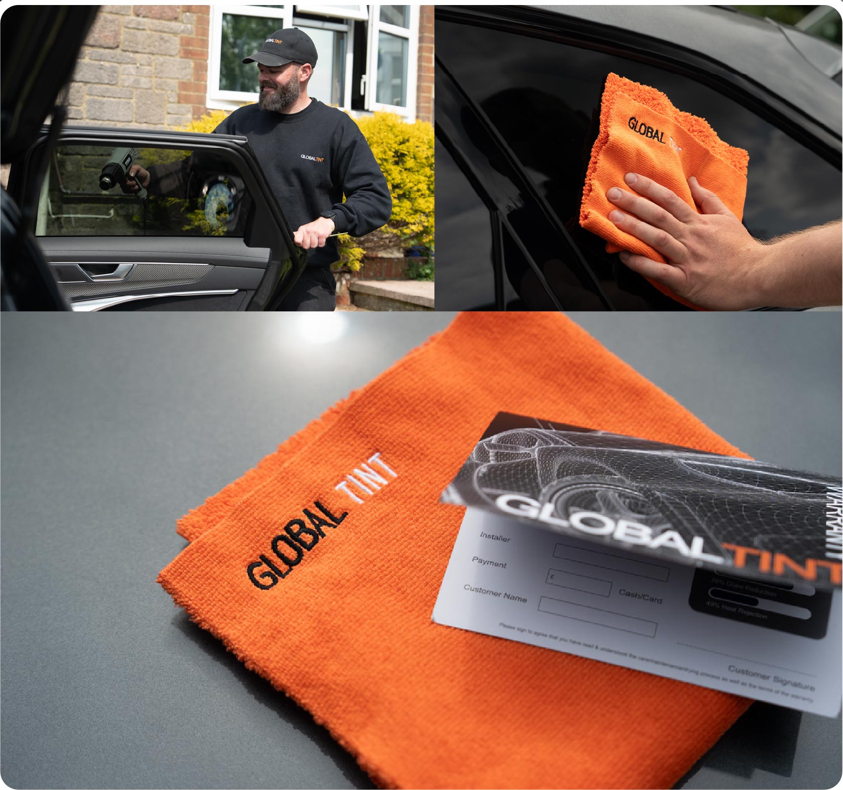 A Global Tint warranty card and cleaning cloth