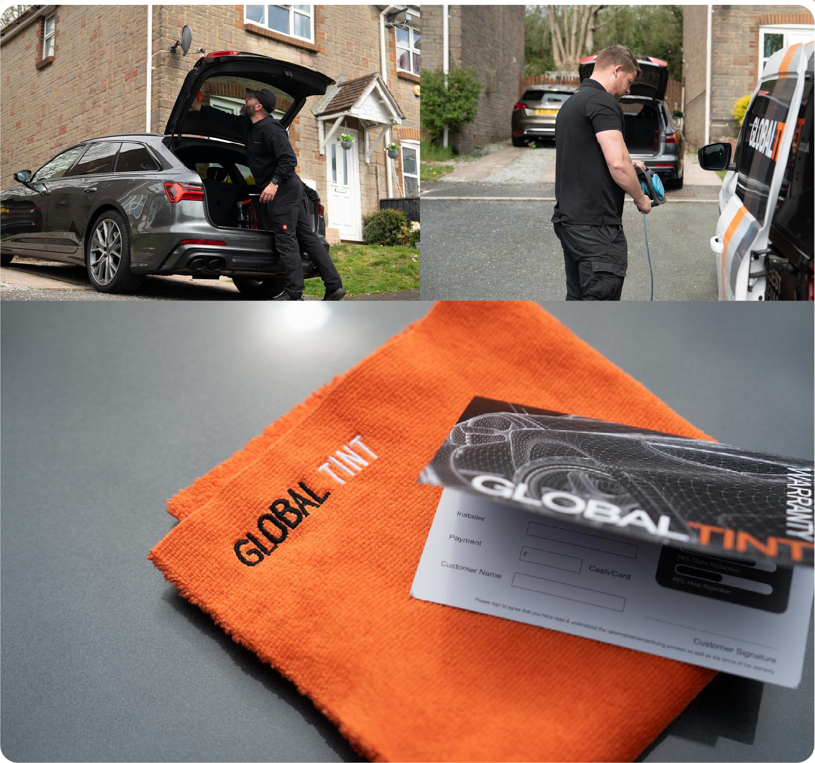 A Global Tint warranty card and cleaning cloth