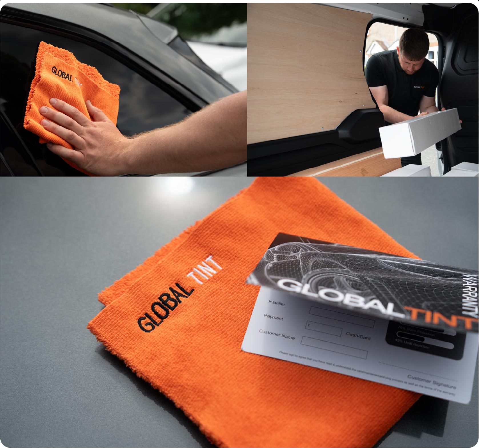 A Global Tint warranty card and cleaning cloth