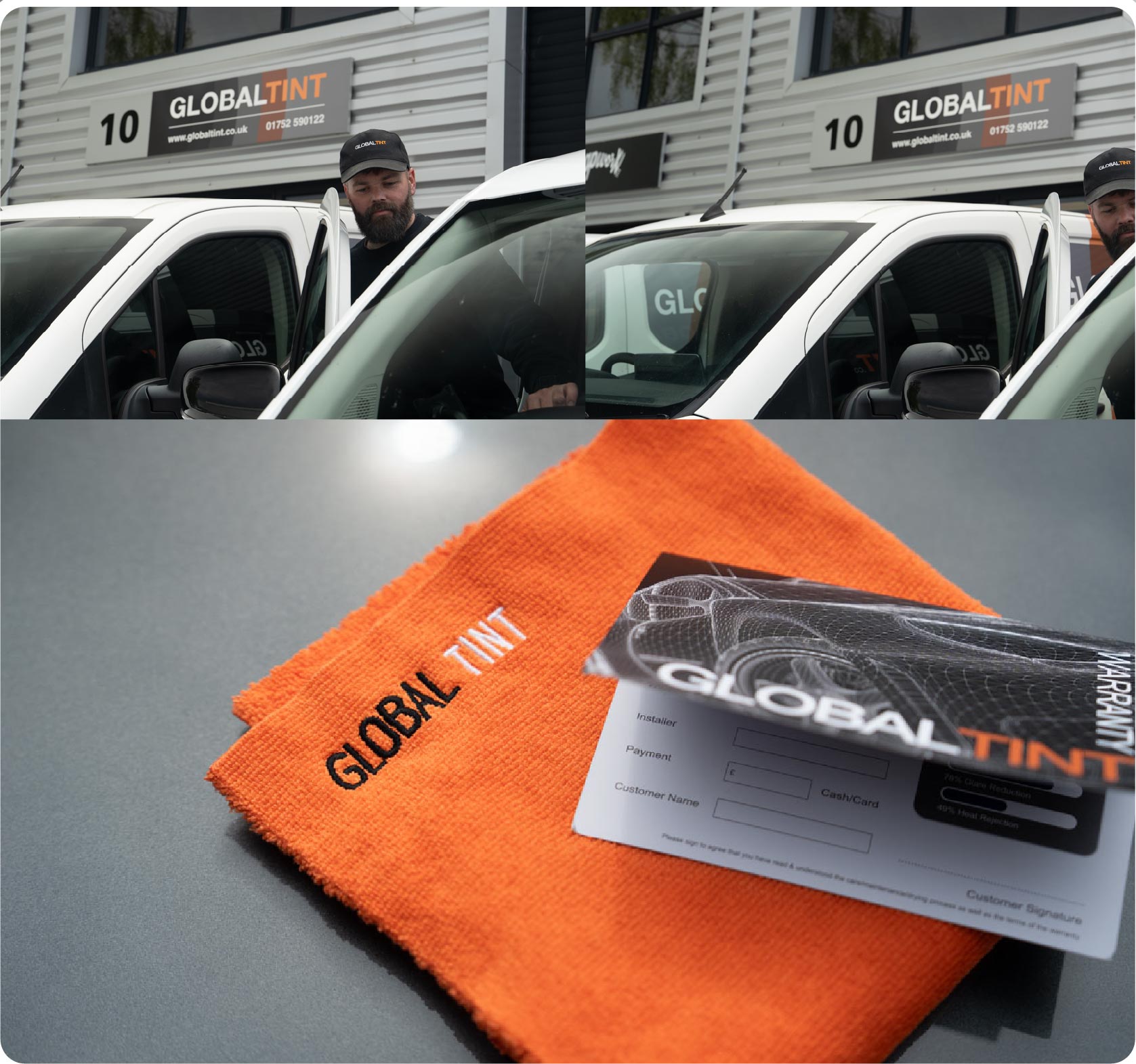 A Global Tint warranty card and cleaning cloth