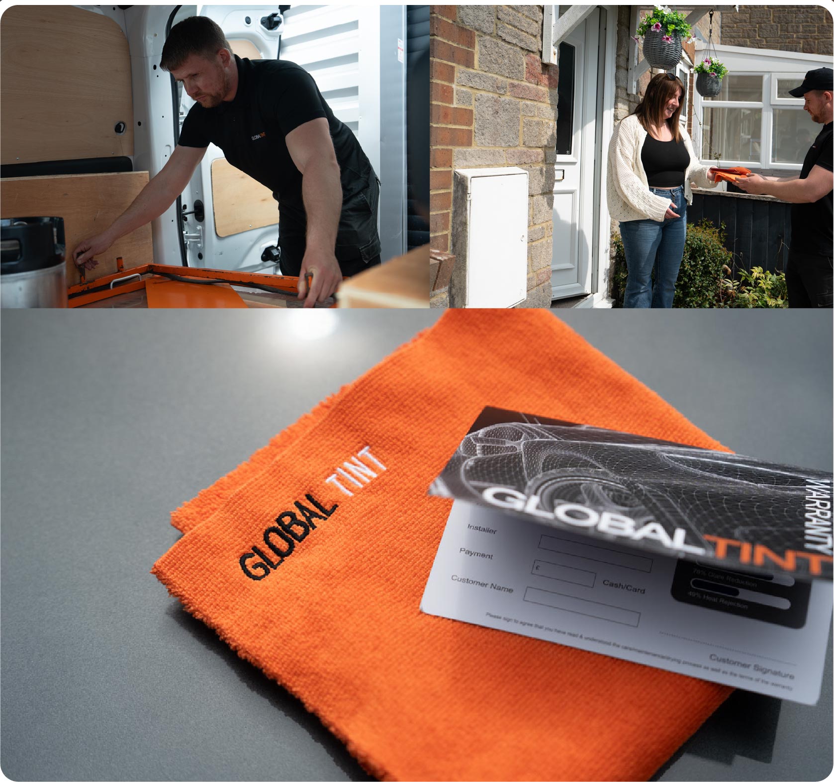 A Global Tint warranty card and cleaning cloth