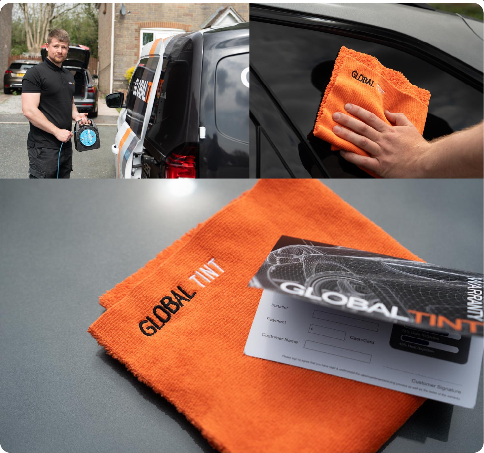 A Global Tint warranty card and cleaning cloth