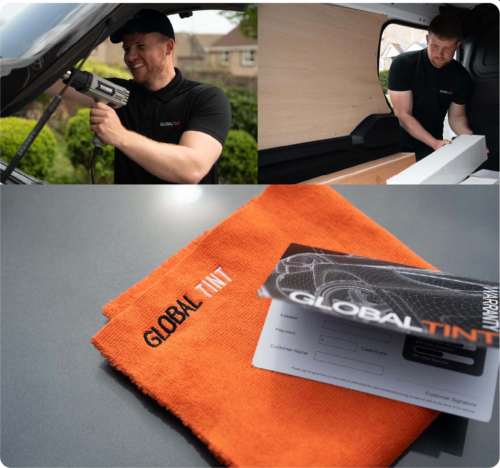 A Global Tint warranty card and cleaning cloth