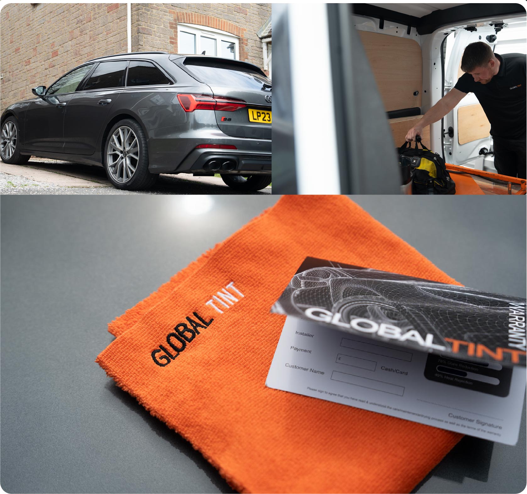 A Global Tint warranty card and cleaning cloth