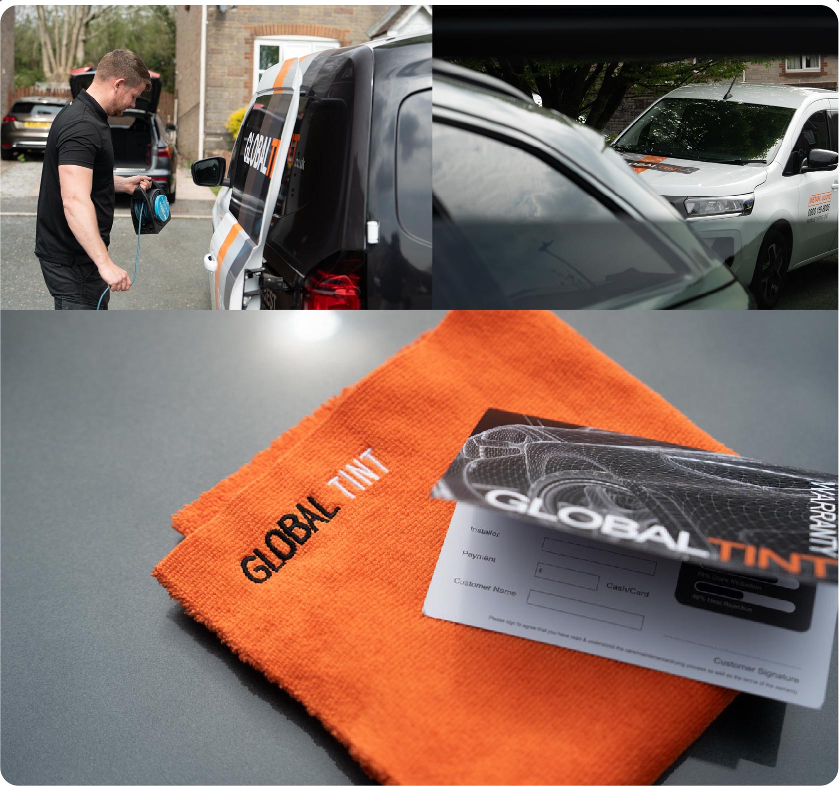 A Global Tint warranty card and cleaning cloth