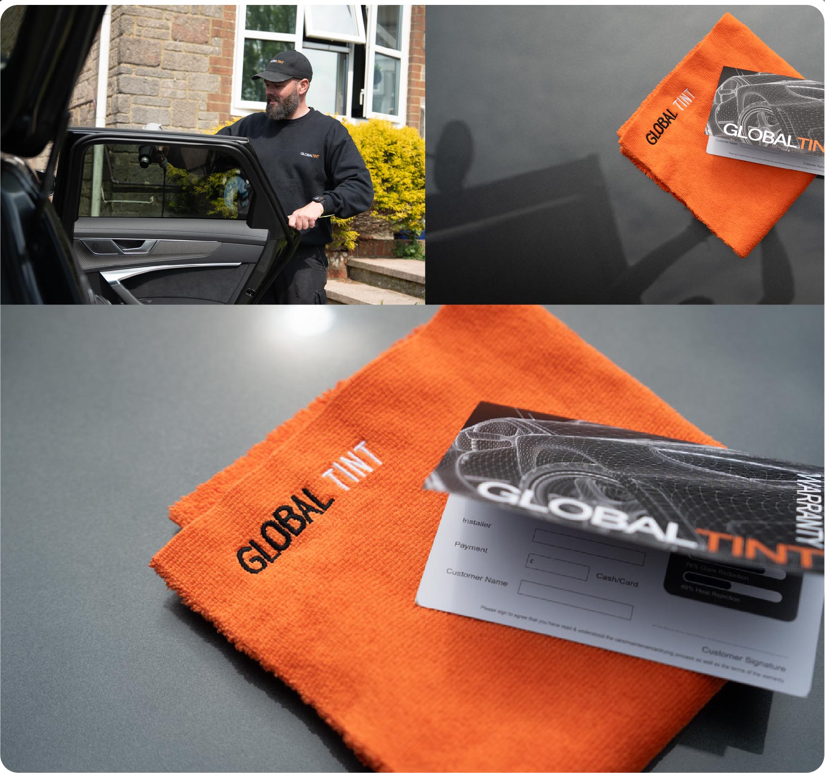A Global Tint warranty card and cleaning cloth