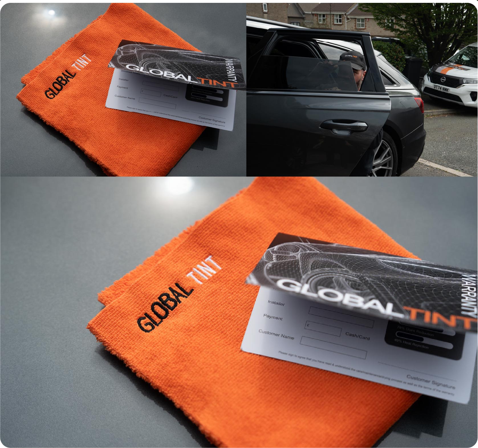 A Global Tint warranty card and cleaning cloth