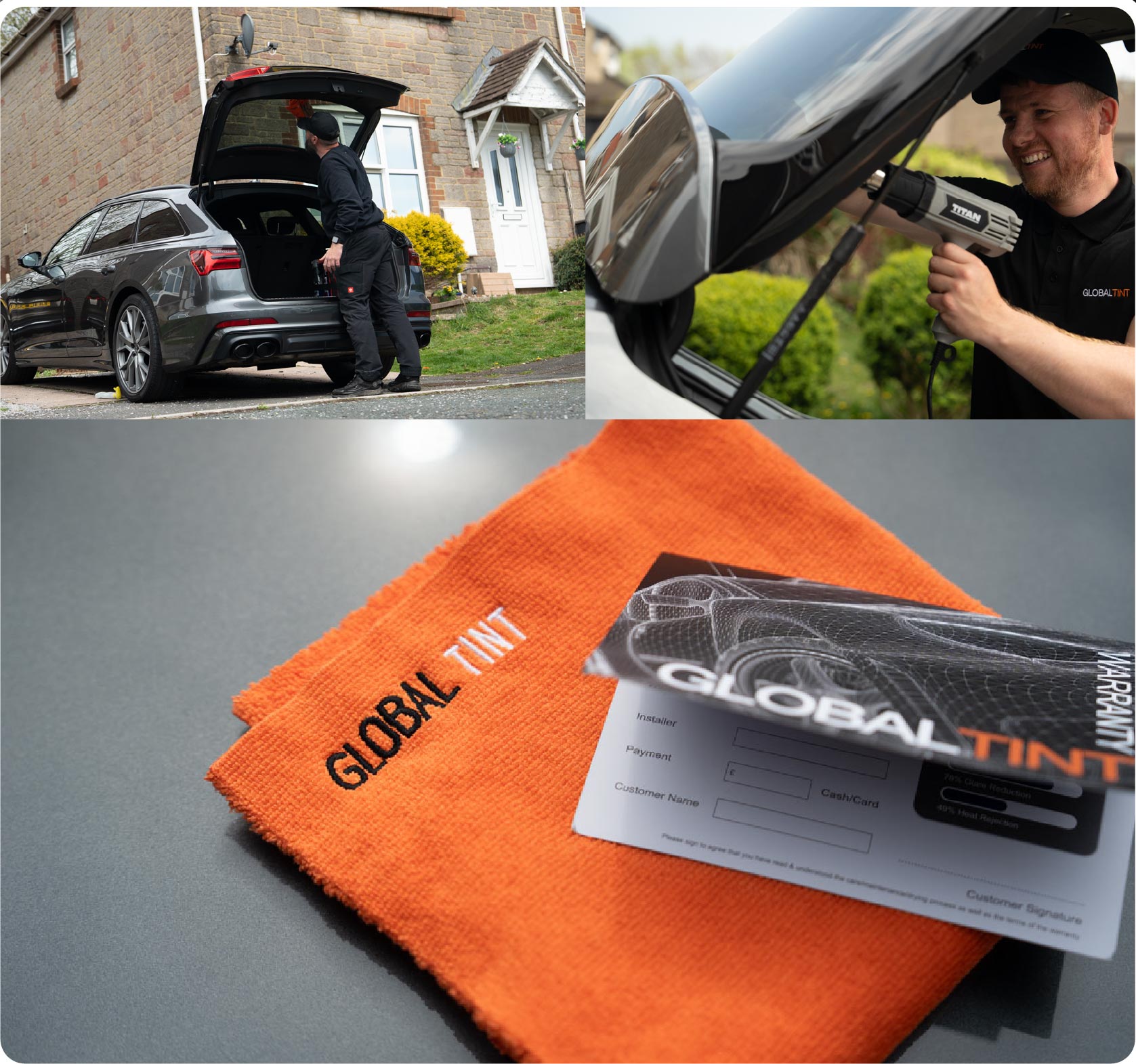 A Global Tint warranty card and cleaning cloth