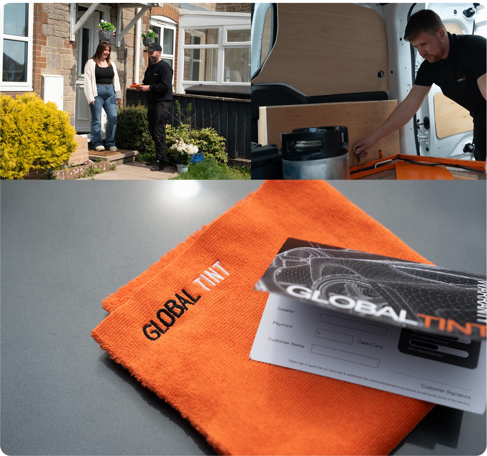 A Global Tint warranty card and cleaning cloth
