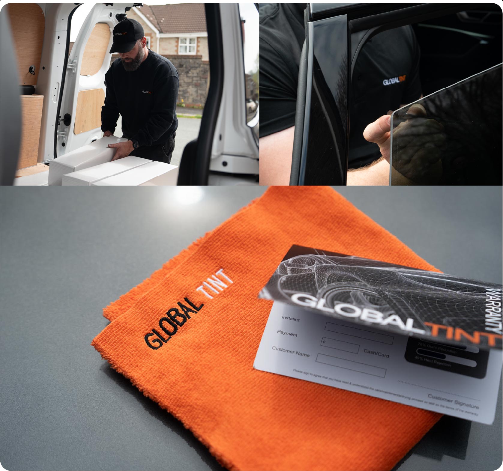 A Global Tint warranty card and cleaning cloth