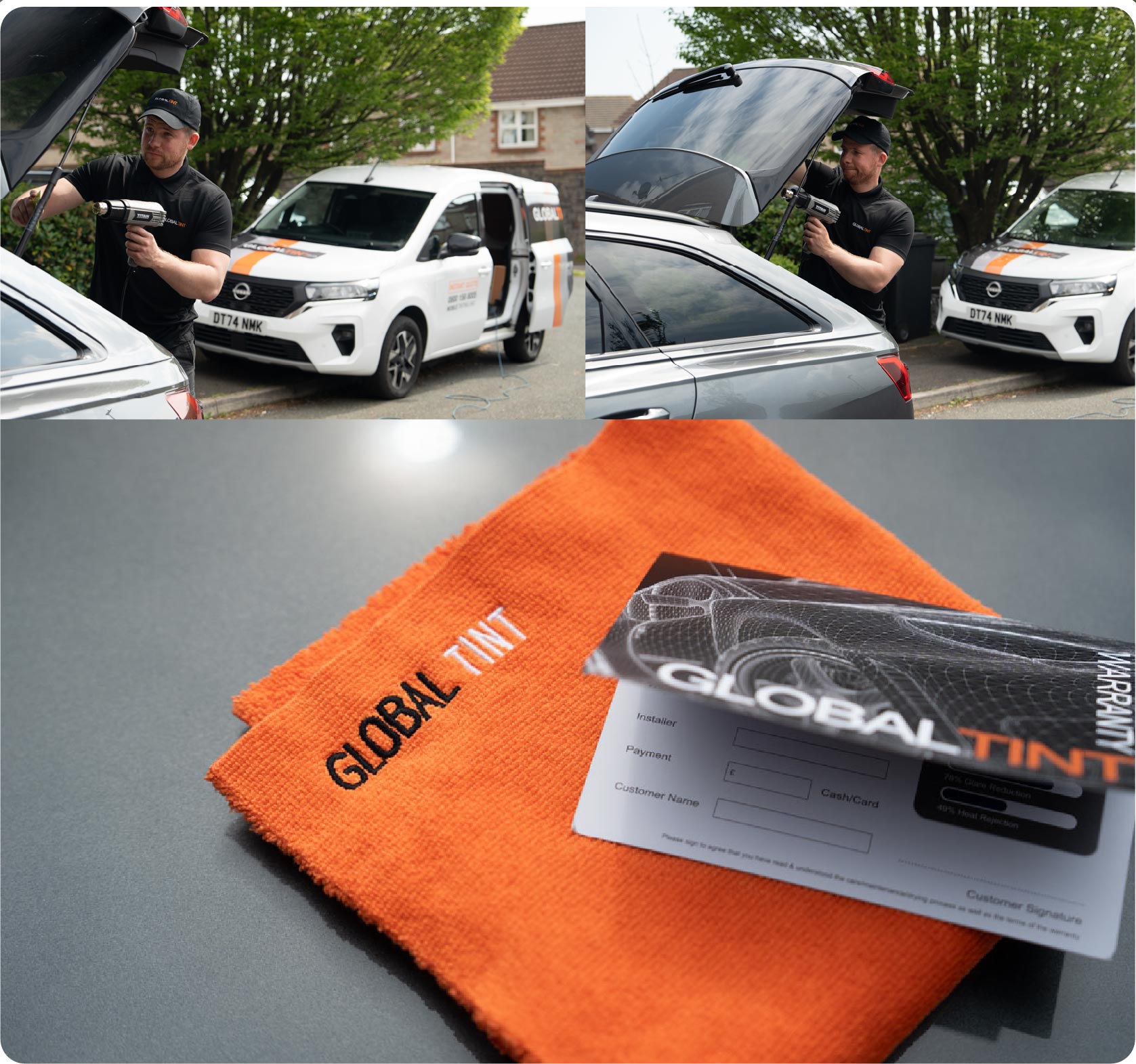 A Global Tint warranty card and cleaning cloth