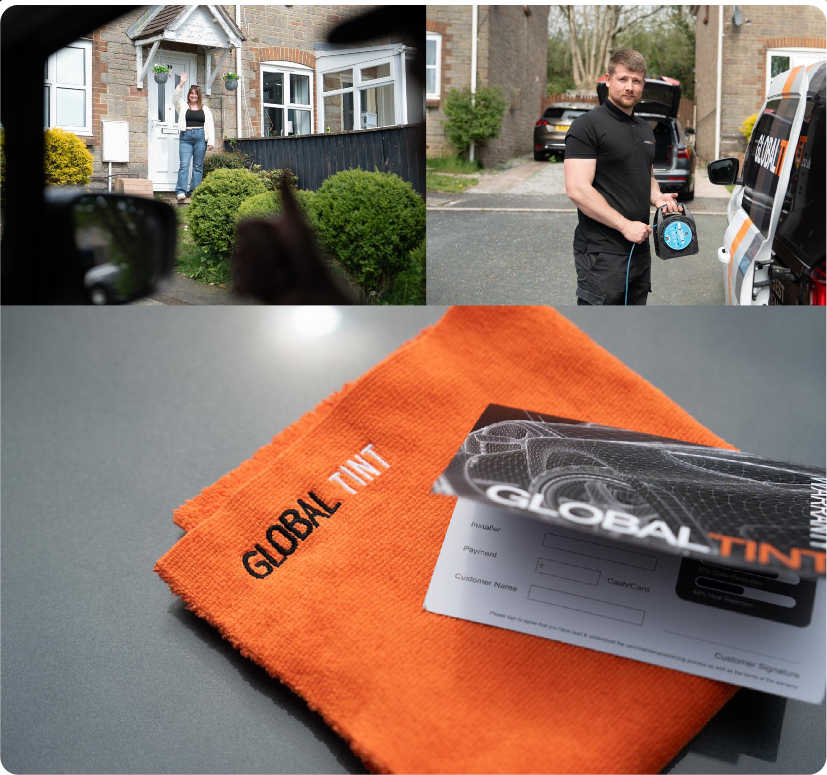A Global Tint warranty card and cleaning cloth