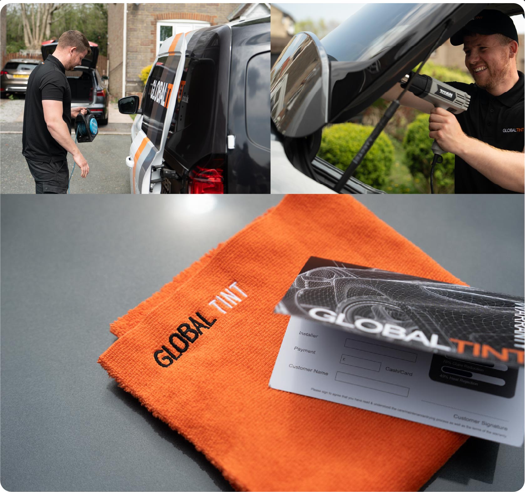 A Global Tint warranty card and cleaning cloth