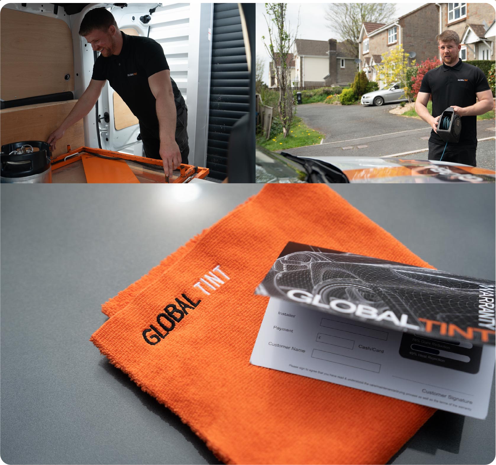 A Global Tint warranty card and cleaning cloth
