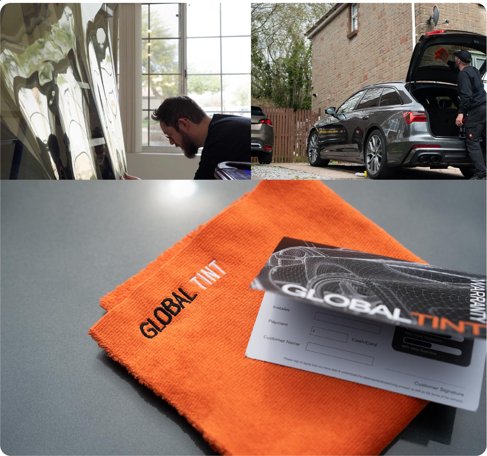 A Global Tint warranty card and cleaning cloth