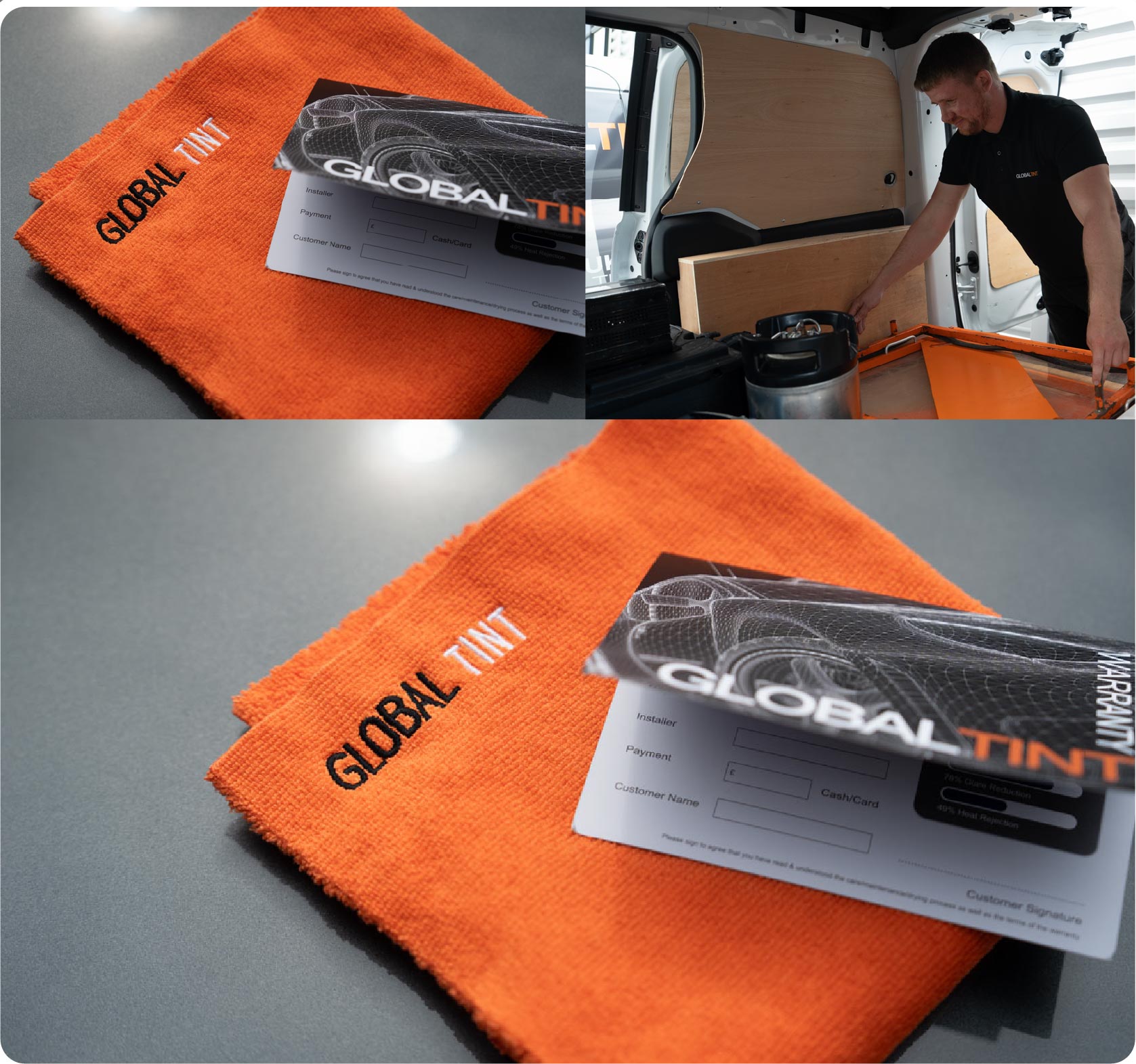 A Global Tint warranty card and cleaning cloth