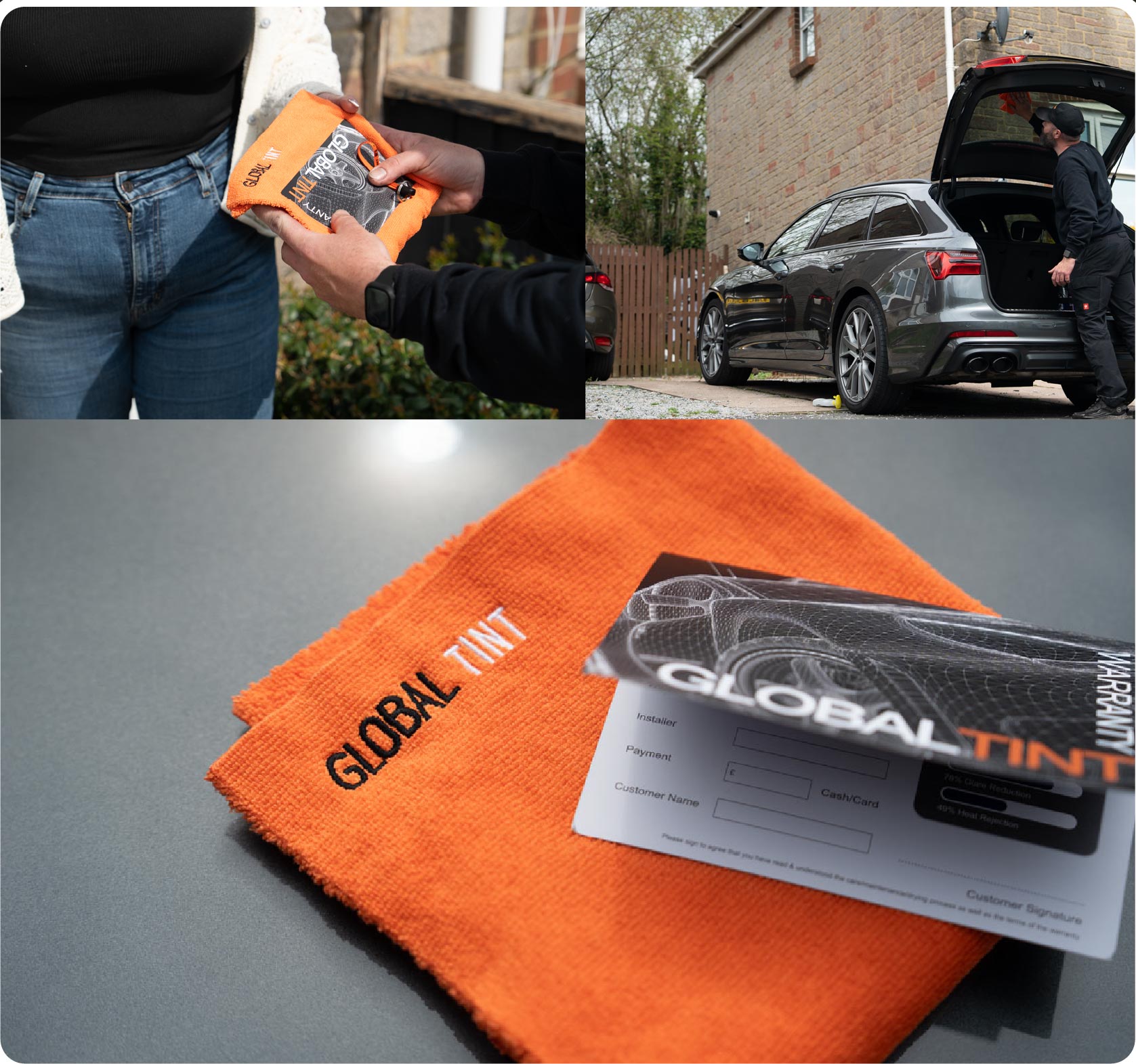 A Global Tint warranty card and cleaning cloth