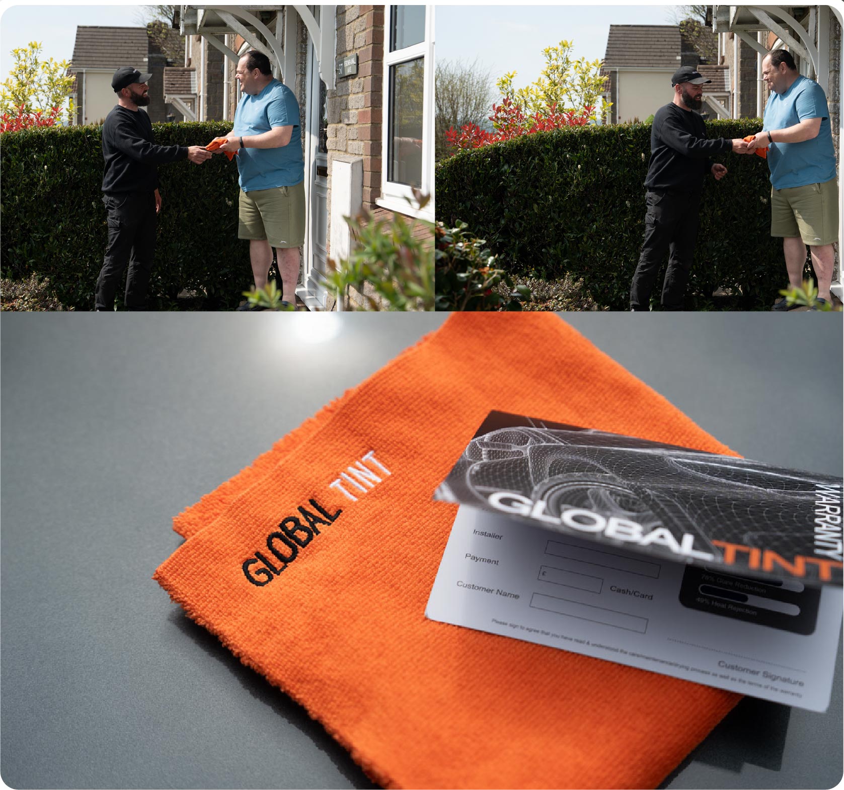 A Global Tint warranty card and cleaning cloth