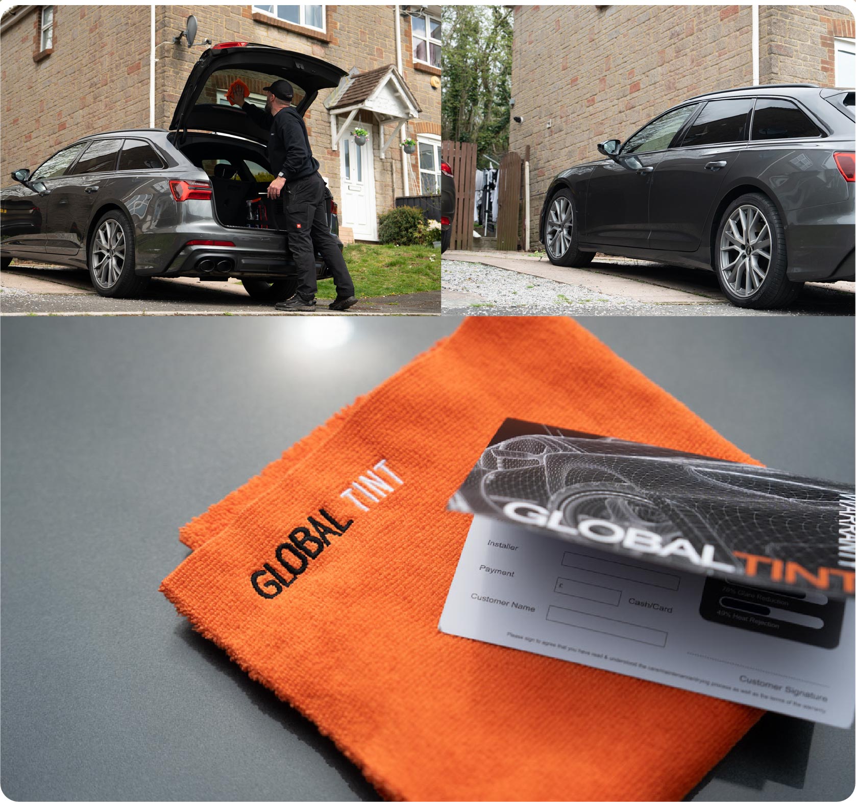 A Global Tint warranty card and cleaning cloth