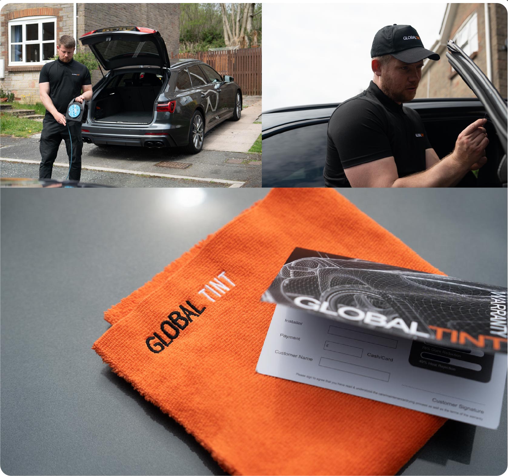 A Global Tint warranty card and cleaning cloth