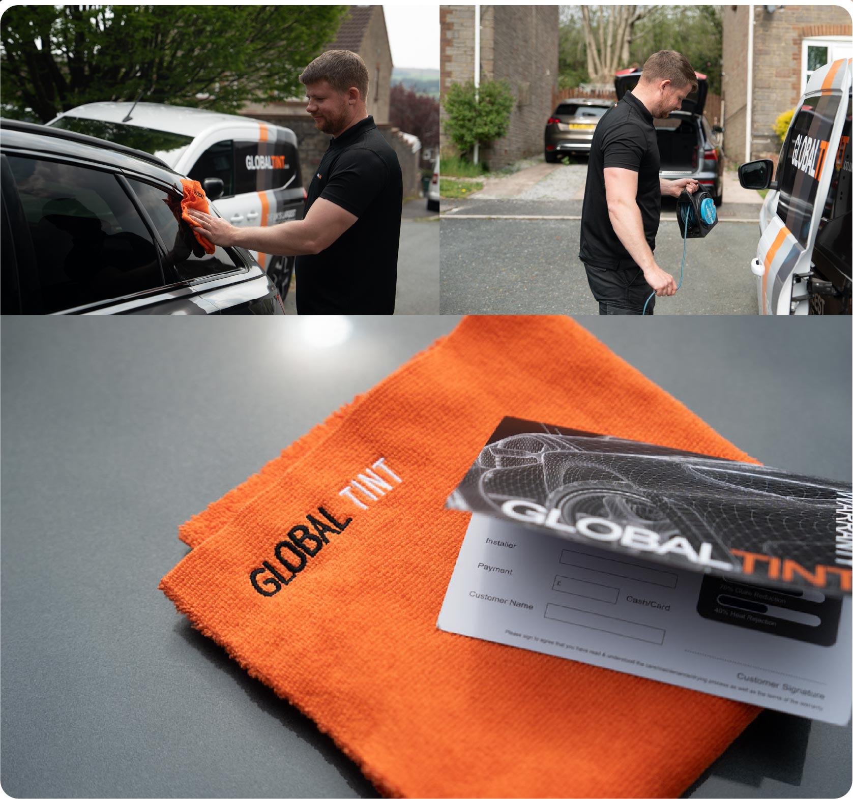 A Global Tint warranty card and cleaning cloth
