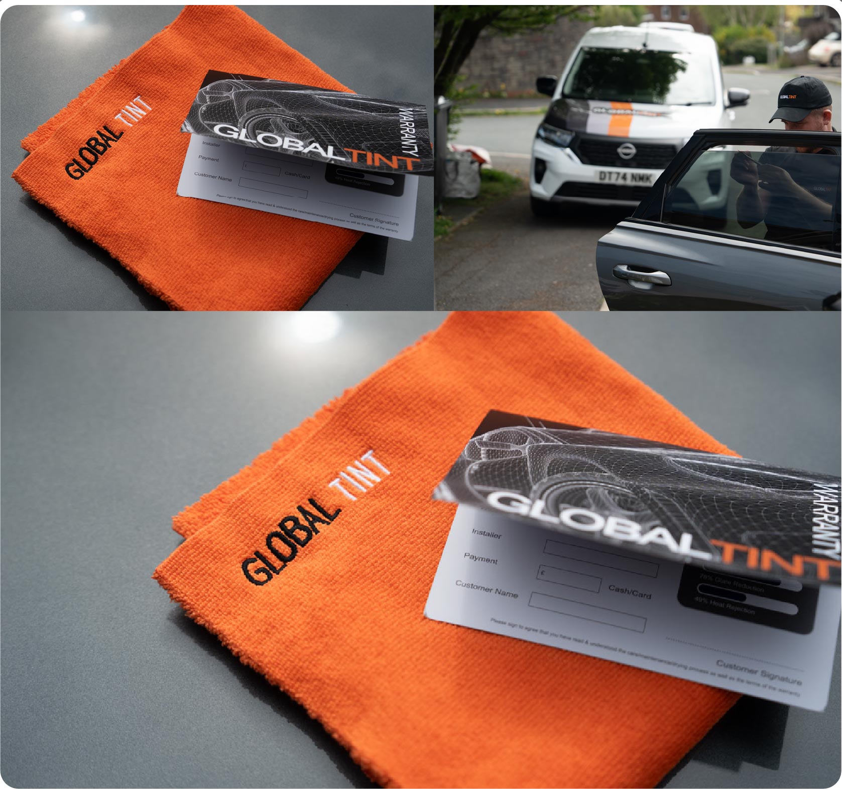 A Global Tint warranty card and cleaning cloth