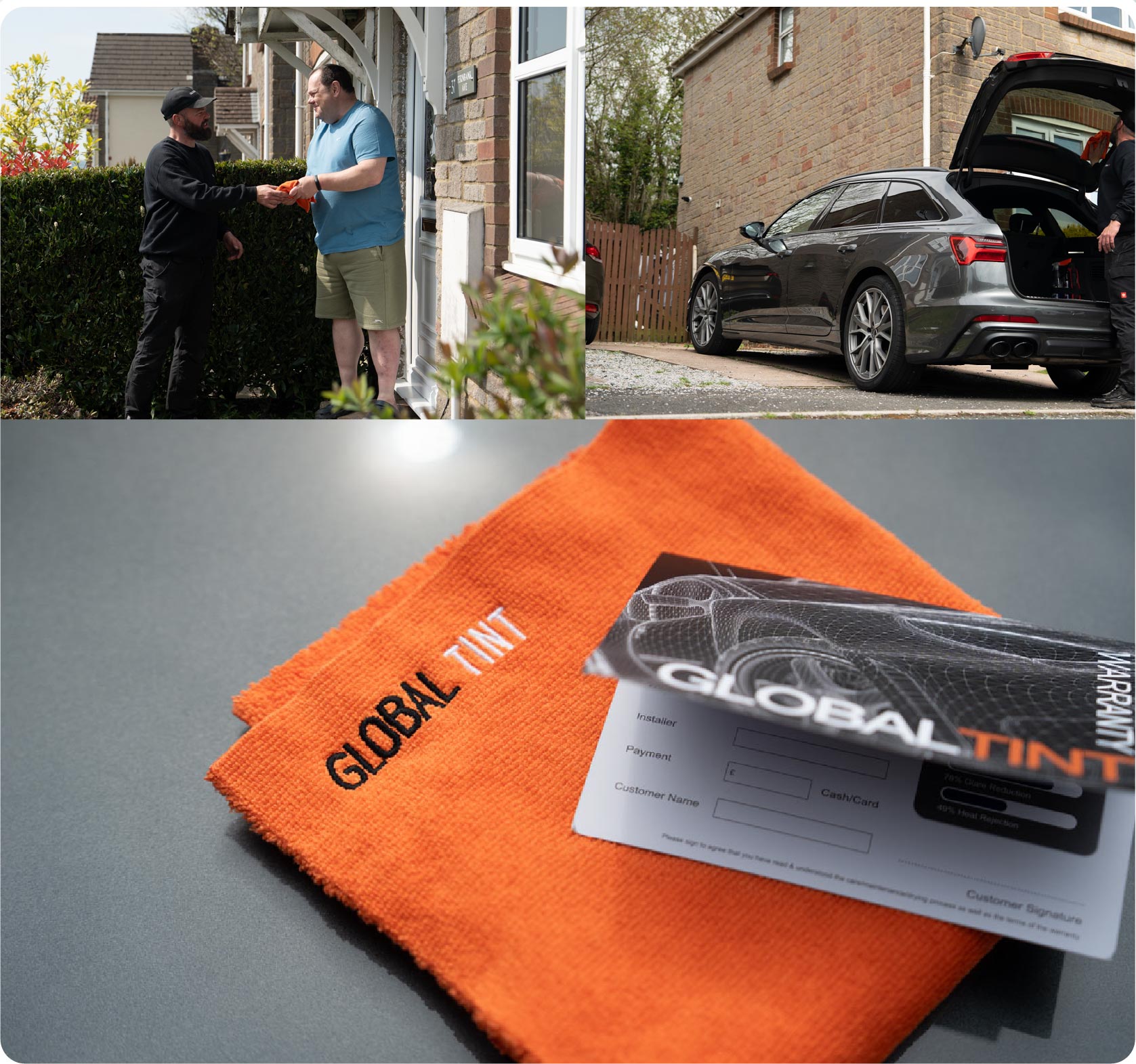 A Global Tint warranty card and cleaning cloth