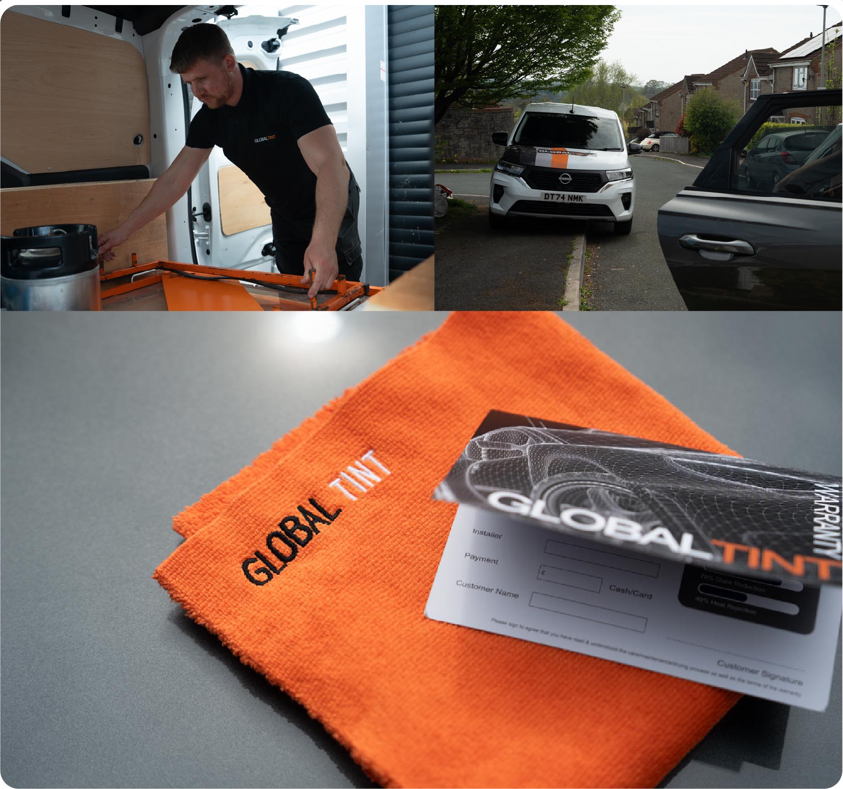 A Global Tint warranty card and cleaning cloth