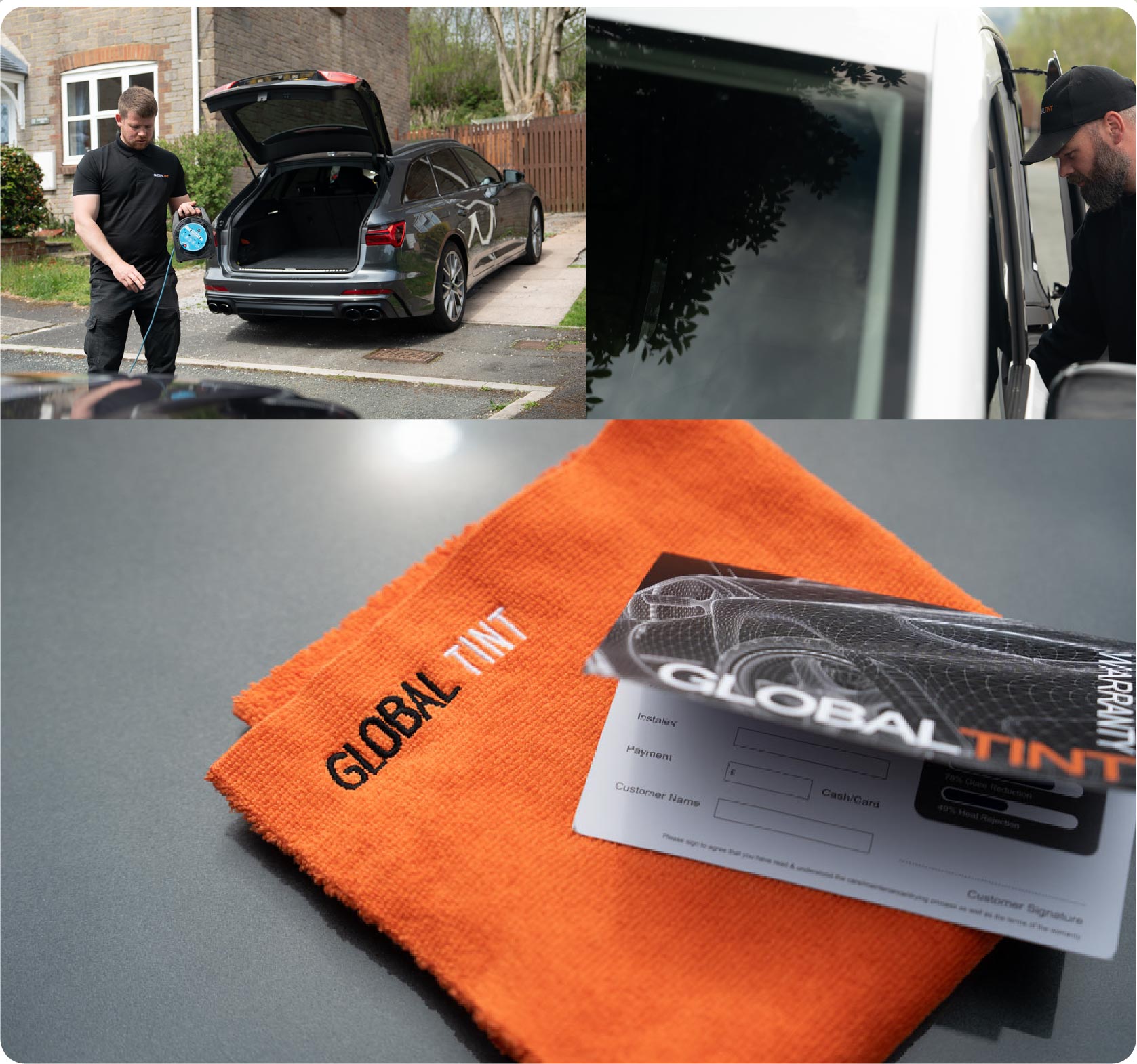 A Global Tint warranty card and cleaning cloth