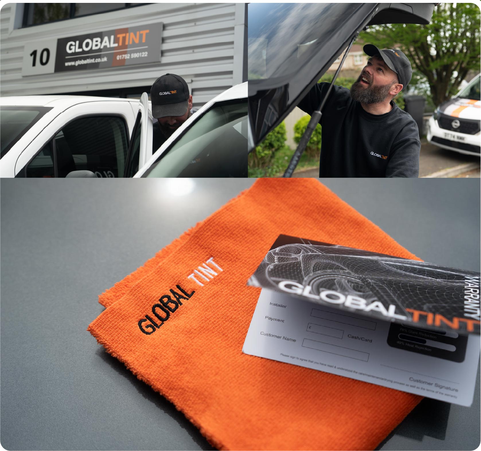 A Global Tint warranty card and cleaning cloth