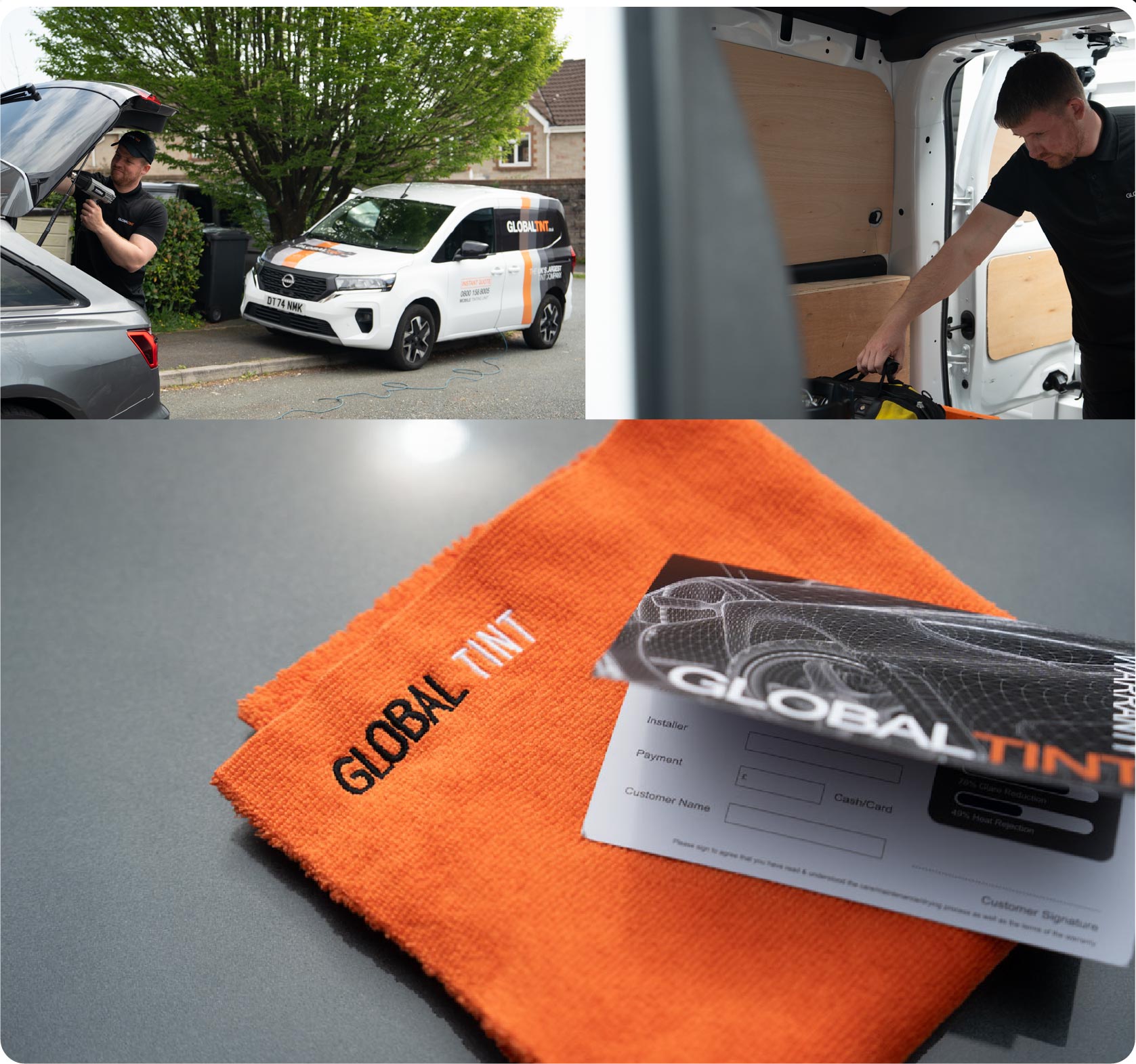 A Global Tint warranty card and cleaning cloth