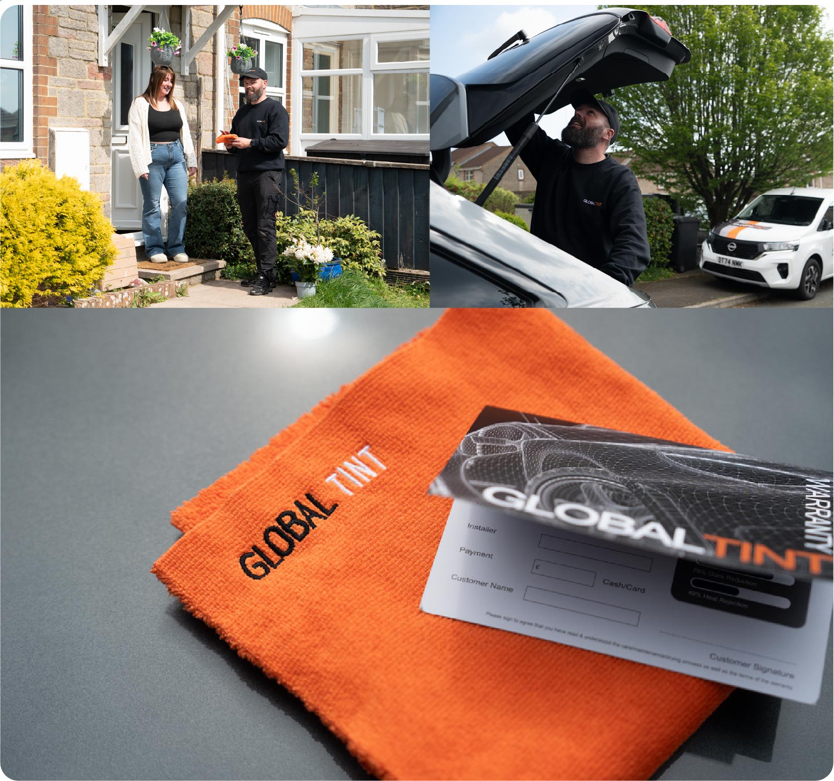 A Global Tint warranty card and cleaning cloth