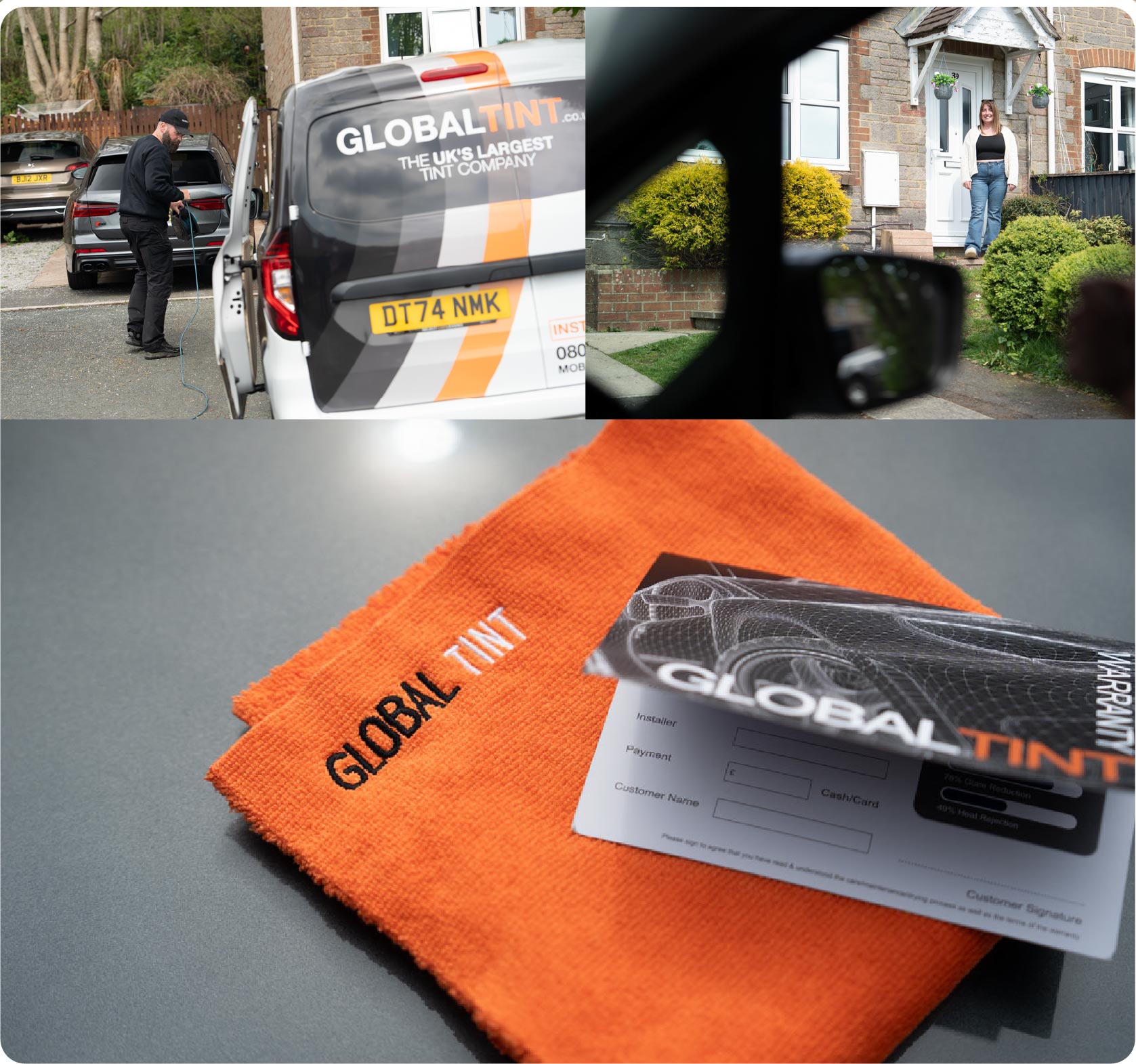 A Global Tint warranty card and cleaning cloth